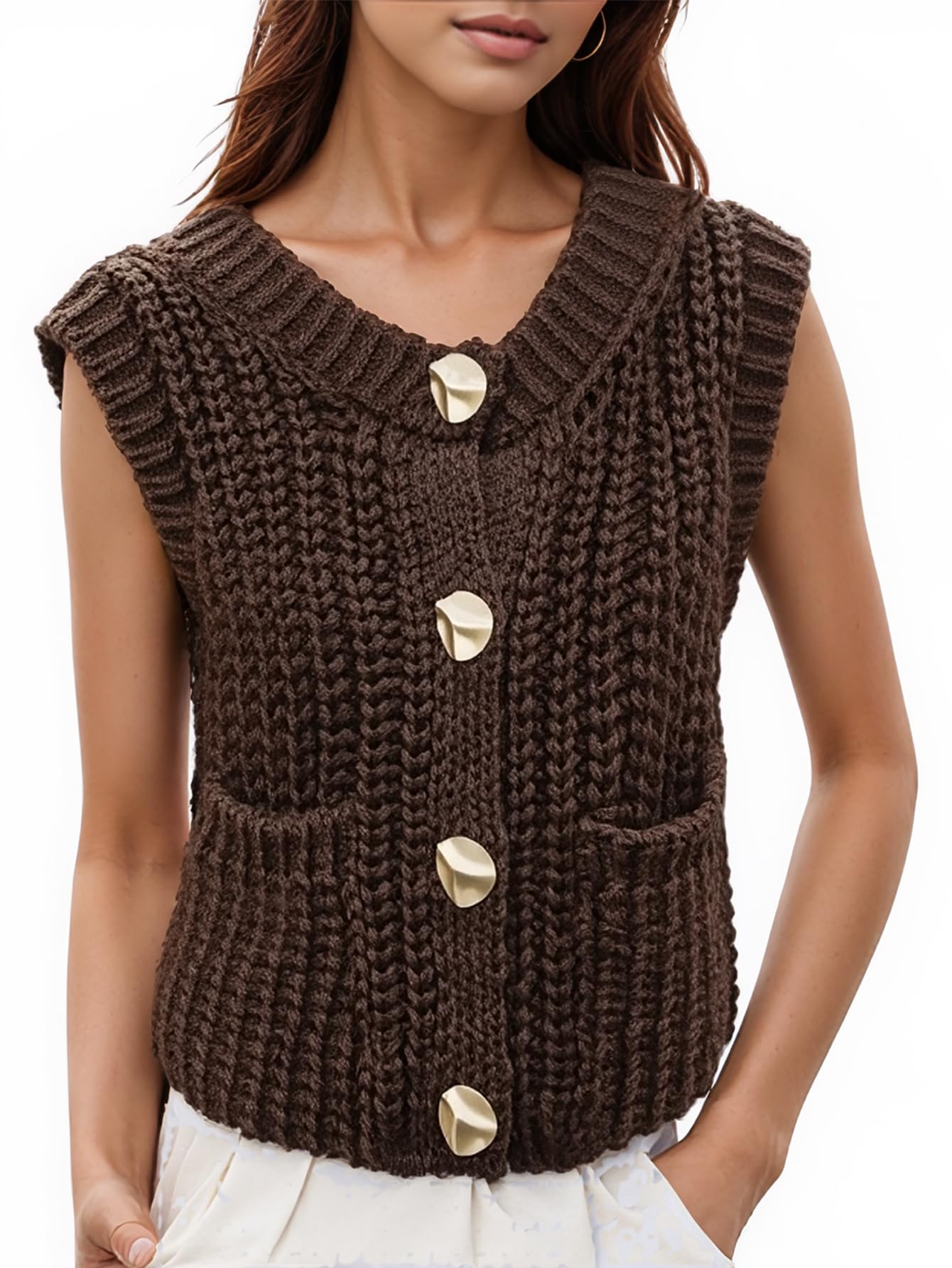 Womens Chunky Knit Sweater Vest - Cropped Sleeveless Button Down Cardigan Sweater with Pockets