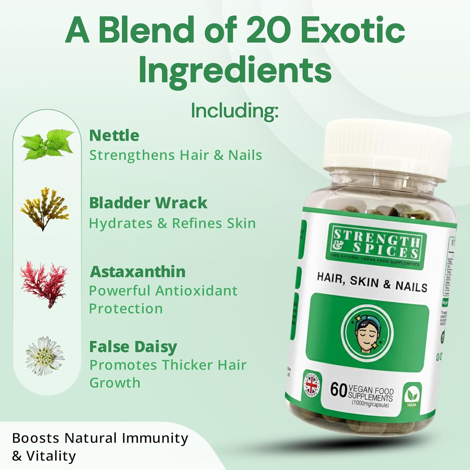 Strength & Spices Hair, Skin & Nails 100% Natural Supplement – 20 Ingredients w Biotin Selenium & Zinc - 60 Vegan UK Made 1000mg Capsules