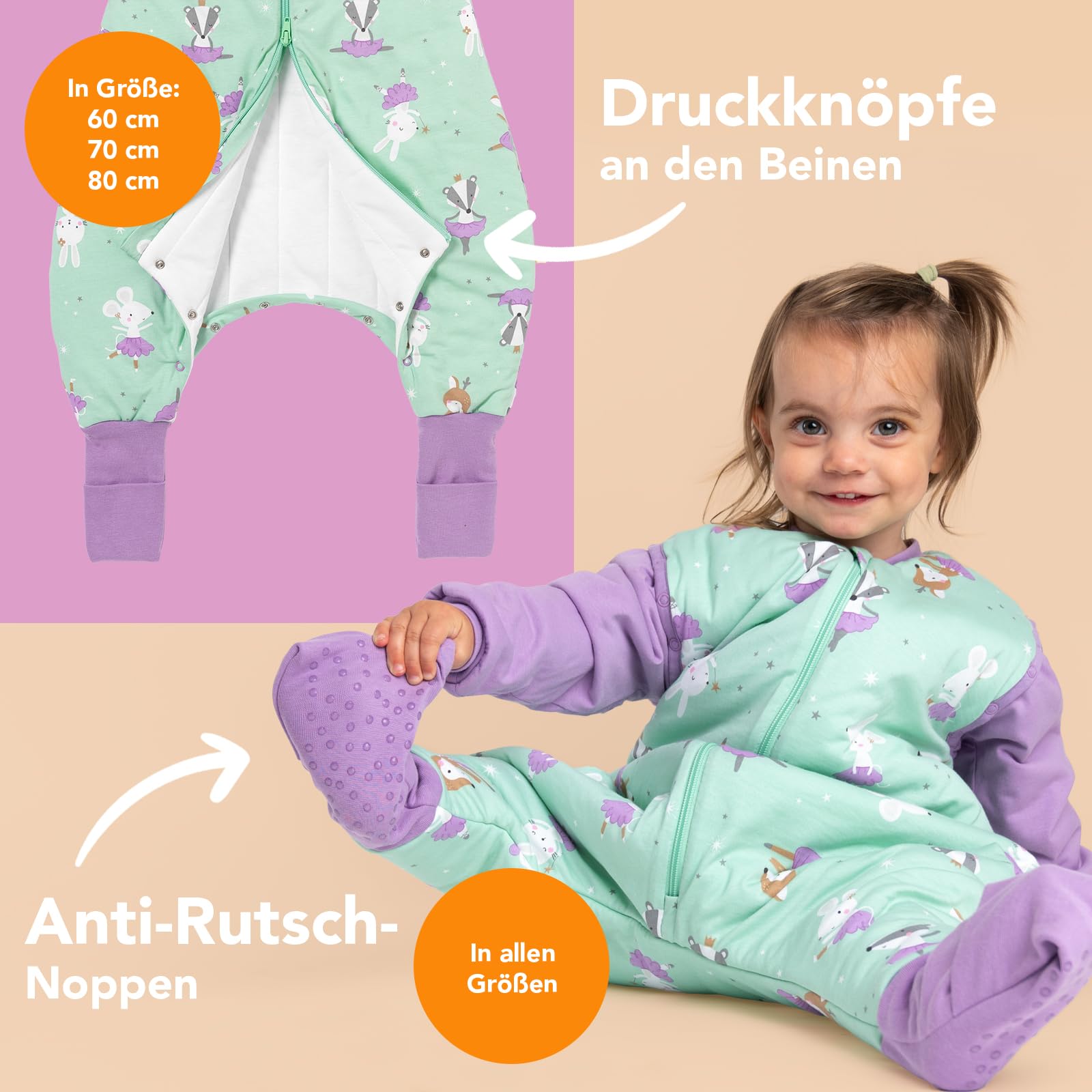 schlummersack Baby Kinder Schlafsack Übergang | mit Füßen, umklappbaren Bündchen und abnehmbaren Ärmeln, leicht gefüttert, Sommerschlafsack, 1.0 Tog