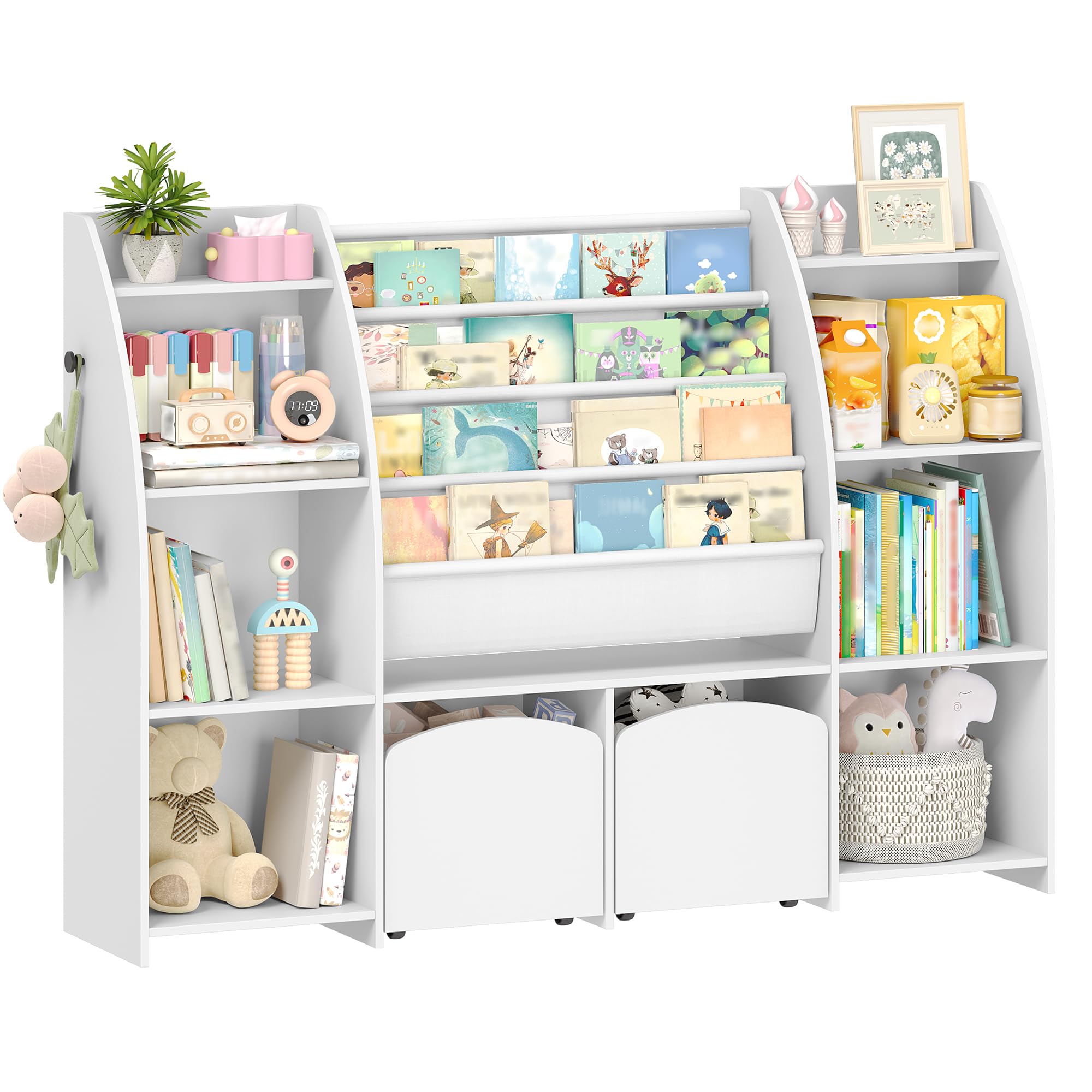 Hzuaneri 140cm libreria per bambini con Porta Riviste, 3 Colonne e 4 Ripiani, Scaffale portagiochi bambini, Contenitore con Cesto Integrato, 30 x 140 x 100 cm, Bianco KB13003WV1