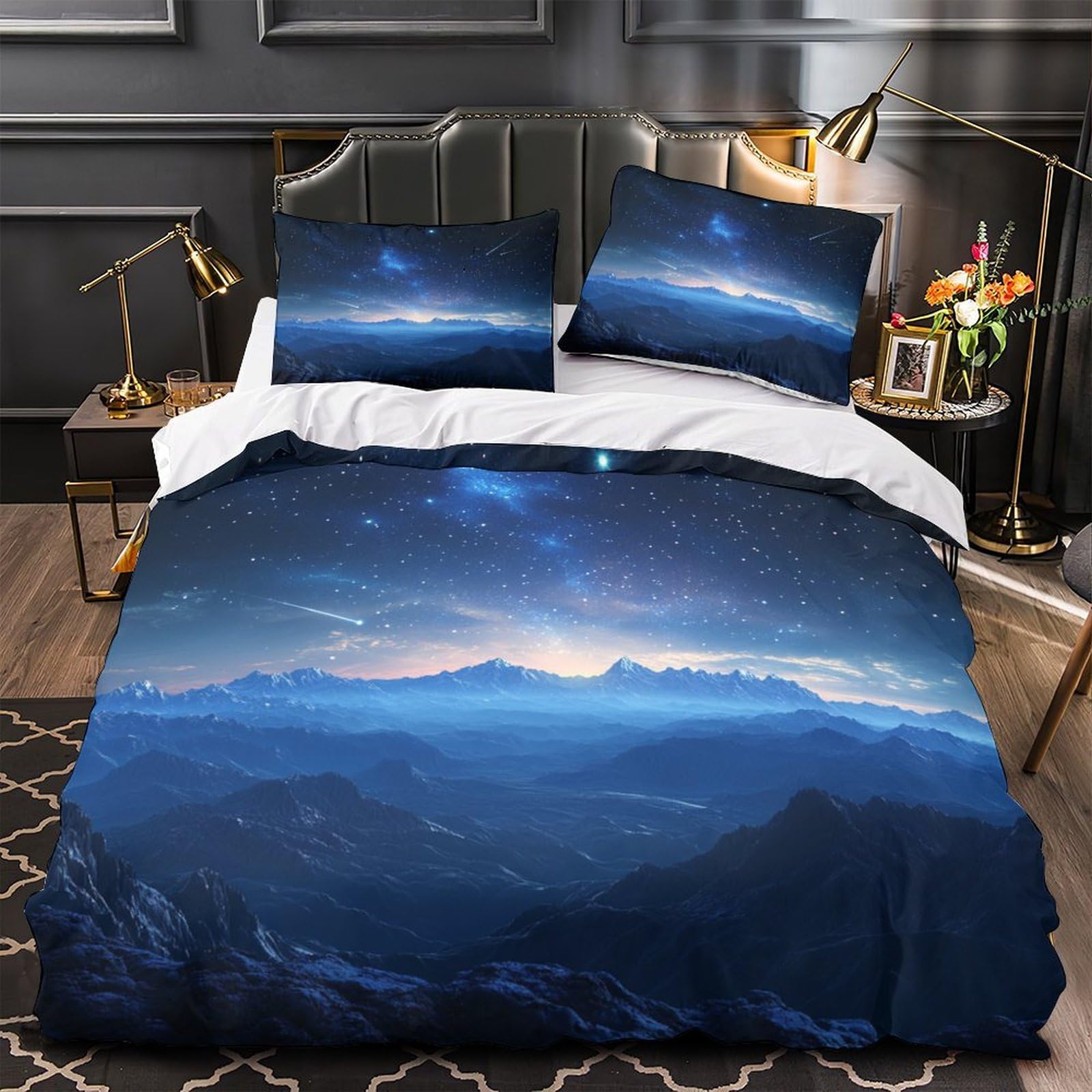 Parure de lit microfibre 140x200cm motif ciel nocturne et montagne 3D