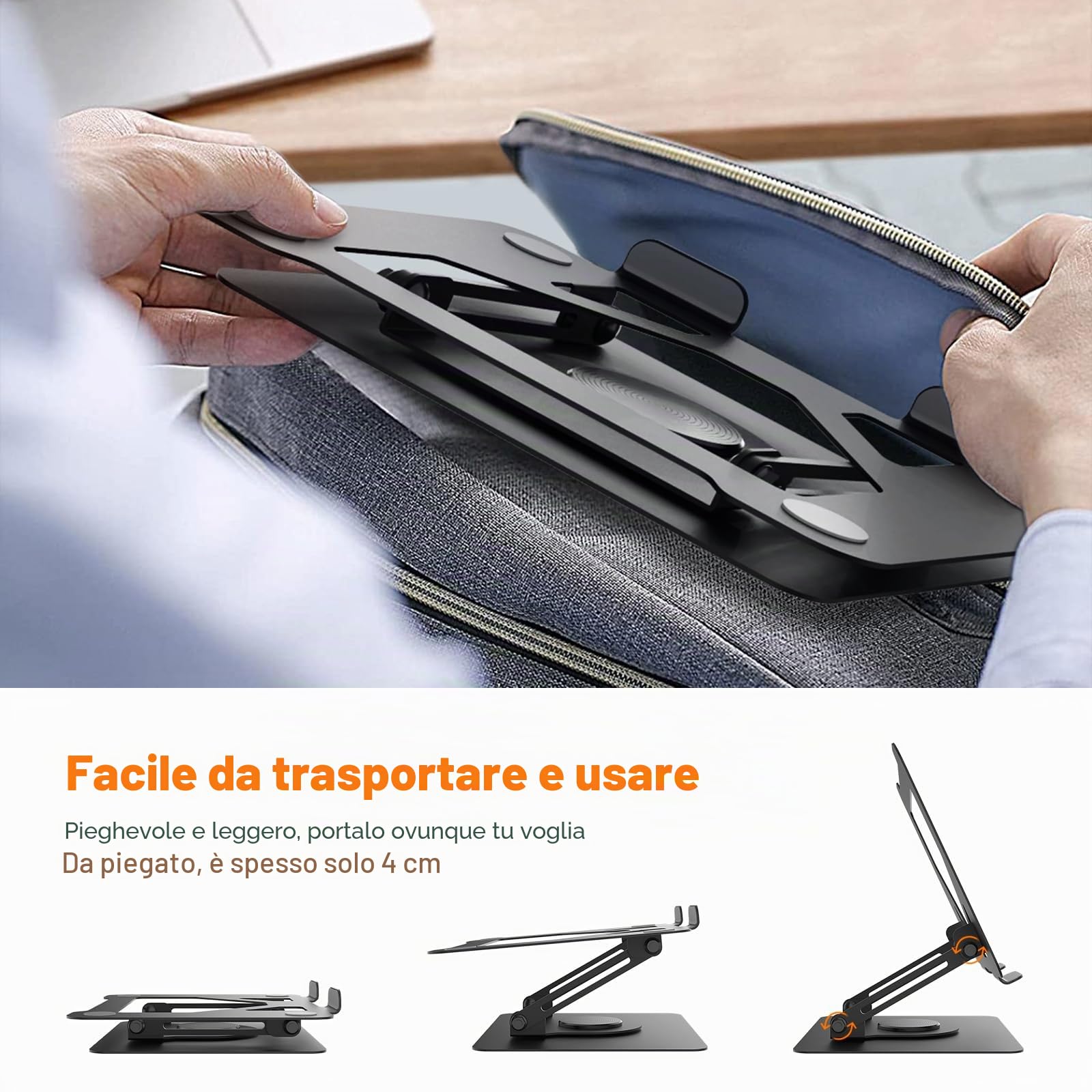 GRIFEMA GB1050 Laptop Stand Ergonomico Regolabile Girevole 360° per Portatili 11-17" Nero