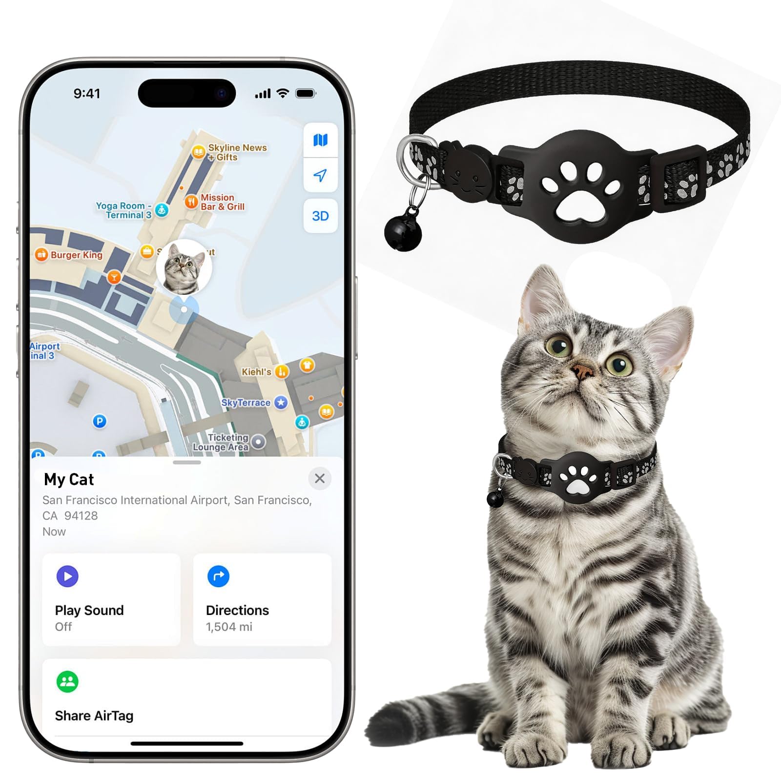 Cat Tracker Collar for Small Cats, Real-Time Instead of GPS Tracker with No Monthly Fee, No SIM Card & No Subscription, Compatible with Apple Find My Device (iOS Only), Includes Collar and White Track