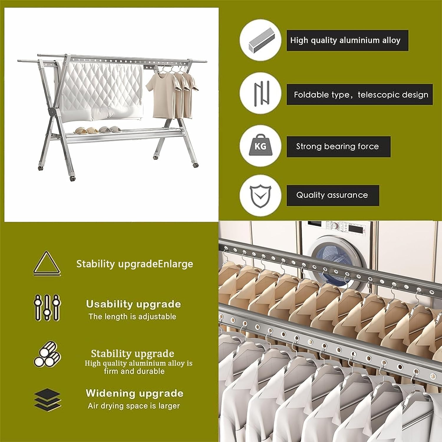 Suszarka Do Ubrań, Aluminiowa, Składana, Do Użytku Wewnątrz I Na Zewnątrz, Z 4 Kółkami, Łatwa Do Przenoszenia,A-250 * 54 * 137cm