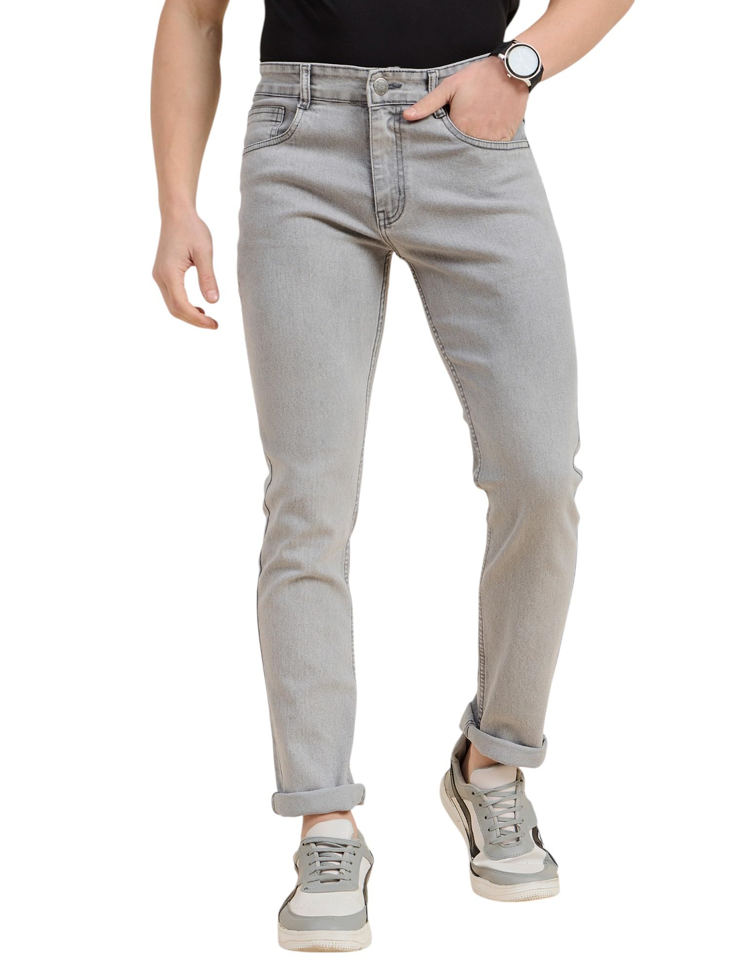 studio nexx Men's Grey Tapered Fit Stretch Denim Jeans | Mid Rise | Five Pocket Casual Jeans for Everyday, Office & Travel Wear-picture-36