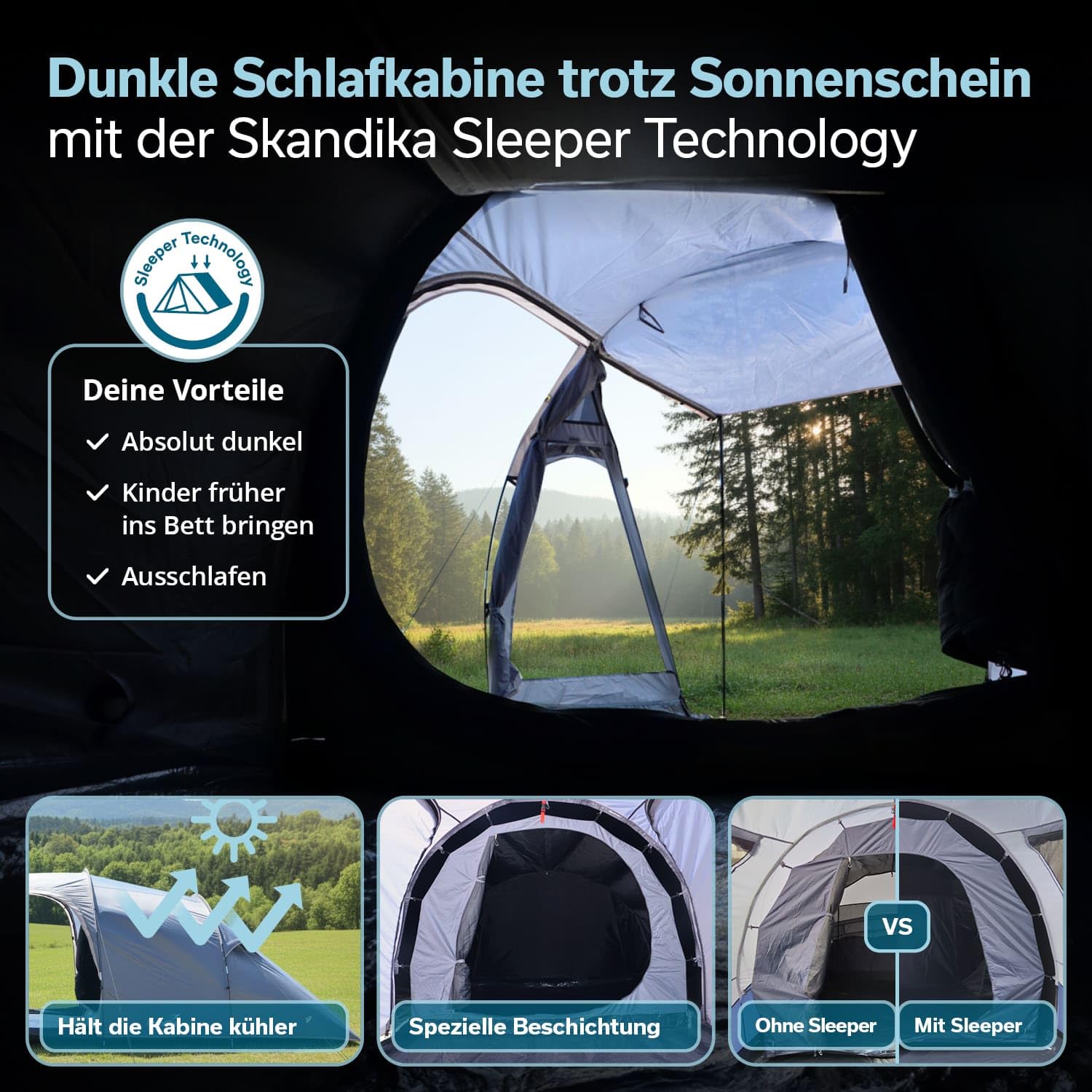 Skandika Tunnelzelt Helgver Sleeper | Festival Zelt für 3-4 Personen, großer Vorraum, Sleeper Technology, wasserdicht, 3000 mm Wassersäule, Schwarze Schlafkabine | Zelt Festival, Camping