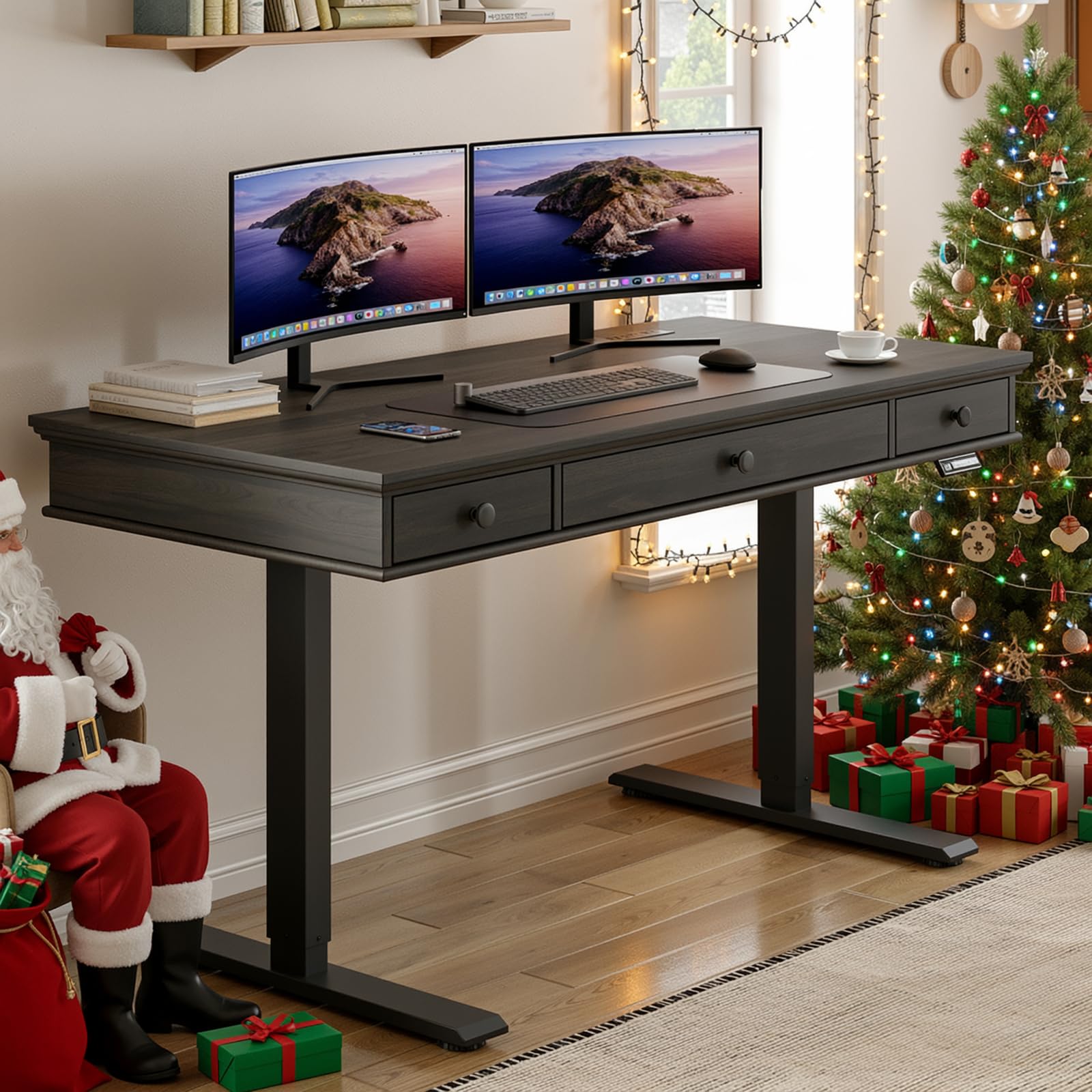 ONBRILL Standing Desk with Drawers, 55 x 23 Inch Electric Height Adjustable Desk with Storage & Outlets, for Computer Workstation, Home Office, Retro