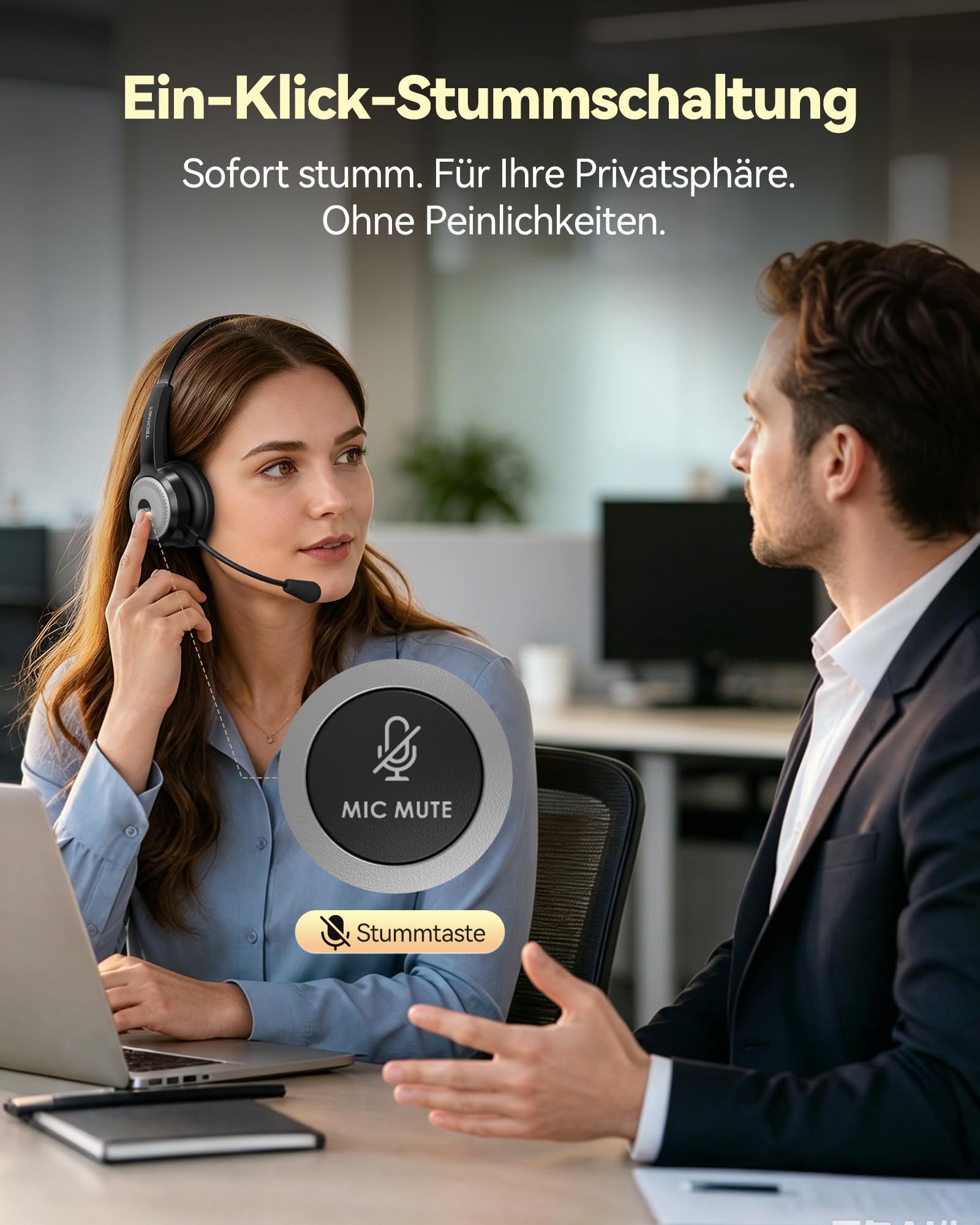 TECKNET Bluetooth PC Headset mit Mikrofon & USB Dongle [45 Std Anrufzeit & 10M Reichweite] kabelloses Headset mit Ladestation, Wireless Headset mit AI Rauschunterdrückung für Business,Büro,HomeOffice