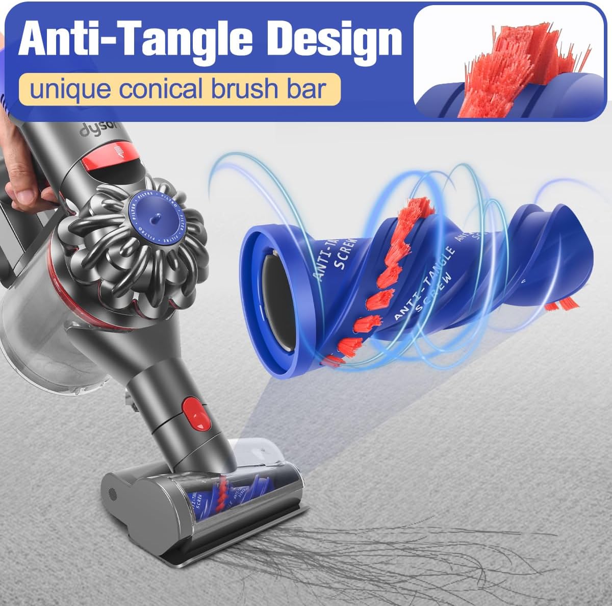 FUNTECK Mini Hair Screw Tool Compatible with Dyson V15 V11 V10 V8 Models, Anti-Tangle Vacuum Attachment Ideal for Picking up Long Hair