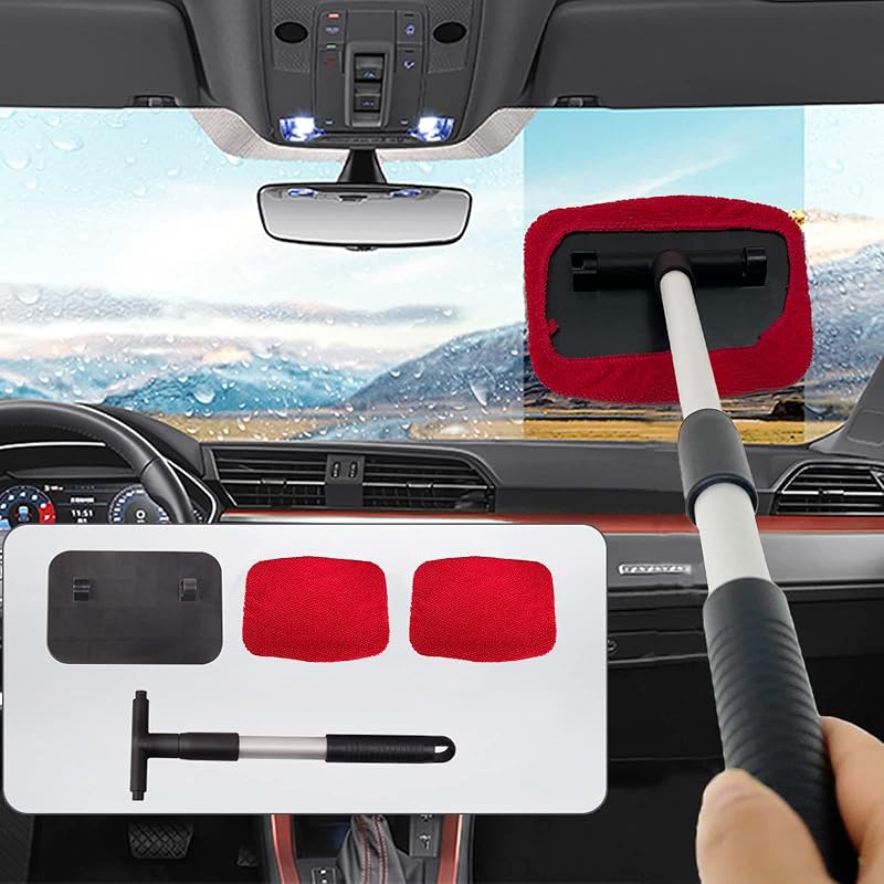 Limpador de para-brisa automotivo com cabo extensível e pads de microfibra Smeyta vermelho quadrado