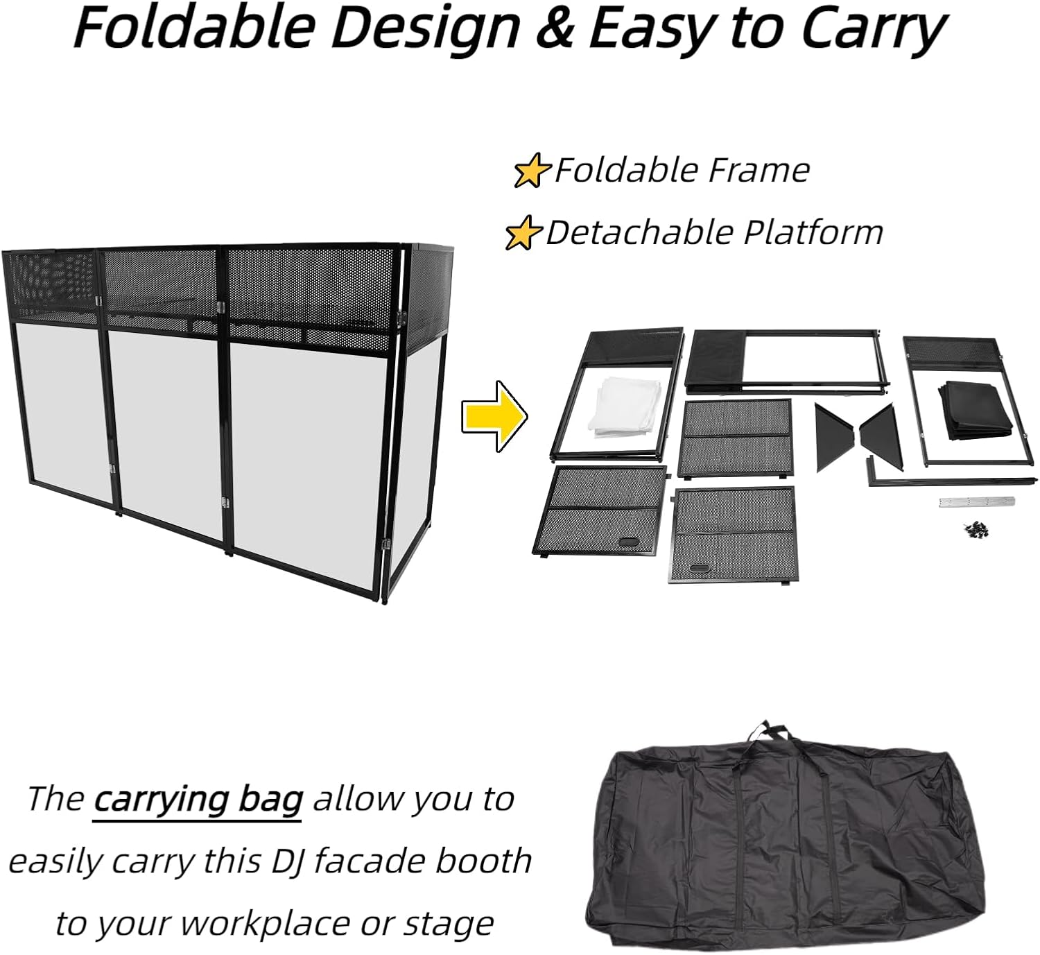 Portable DJ Facade Booth Foldable DJ Controller Stand Studio Booth DJ Table DJ Stand with Carrying Bag Aluminum Frame Booth DJ Display Rack for Bars Music Festivals Studios KTVs