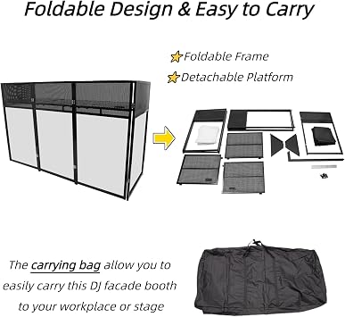 Portable DJ Facade Booth Foldable DJ Controller Stand Studio Booth DJ Table DJ Stand with Carrying Bag Aluminum Frame Booth DJ Display Rack for Bars Music Festivals Studios KTVs