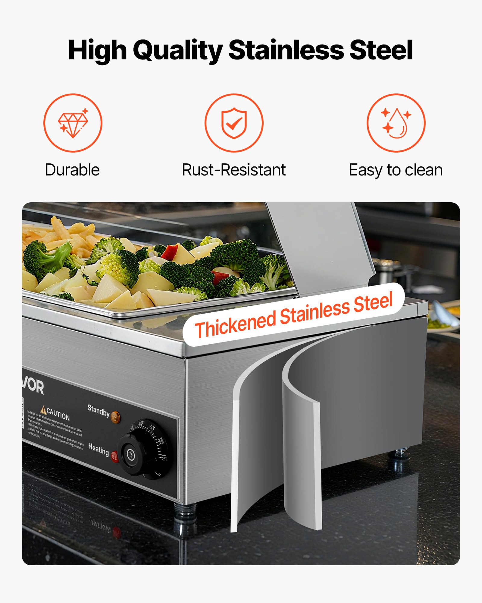 VEVOR Scaldavivande Commerciale con Coperchio in Vetro e 3 Contenitori Scaldavivande da 1500 W in Acciaio Inossidabile, Contenitori per Buffet, per Alimenti a Bagnomaria per Ristoranti, Feste