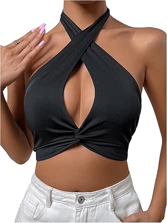 Sexy Halter Sleeveless Ruched Drawstring Cut Out White Textured Knit Crop Top