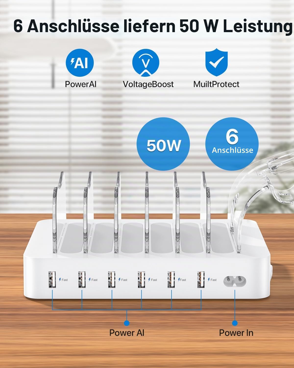 SooPii 50W 6 Ports USB-Ladestation Organizer für mehrere Geräte mit 6 Kabel