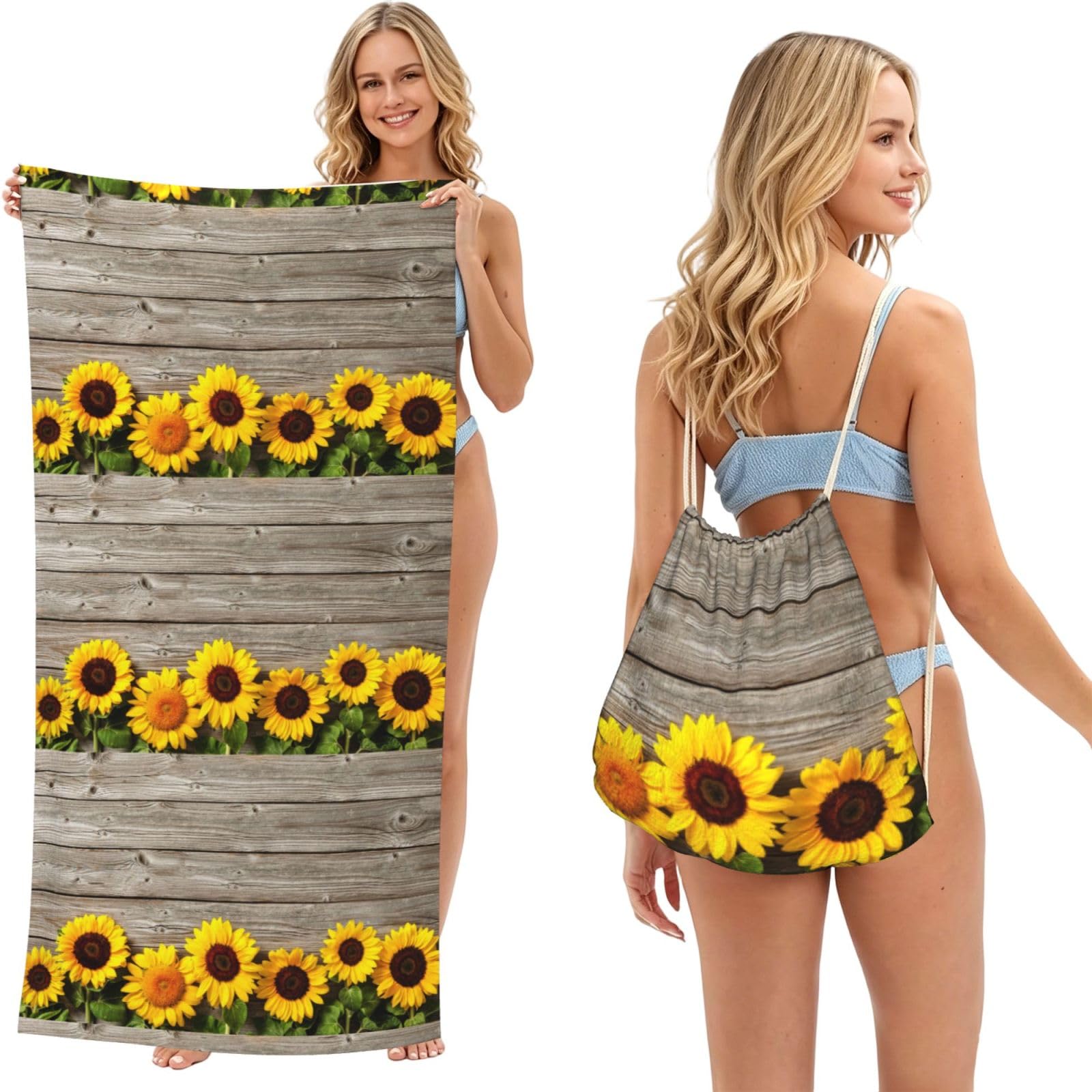 Poadnly As Picture Sunflower On Rustic Wood, 2 In 1 Packable Towel Bag, Beach Towels With Drawstring Backpack For Travel Holiday Camping