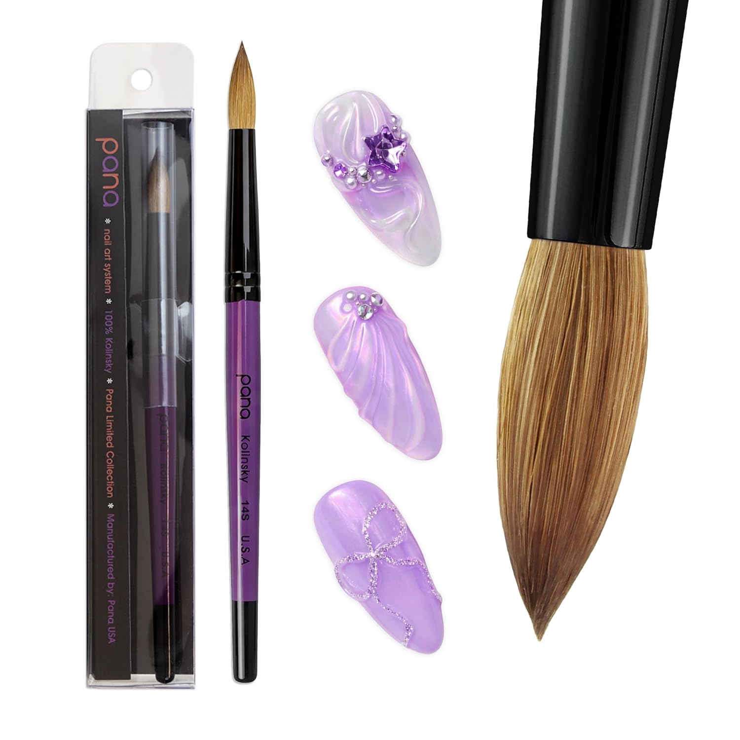 Pana Purple Coated Wooden Handle with Black Ferrule Pure Kolinsky Acrylic Nail Brush (Size 14)