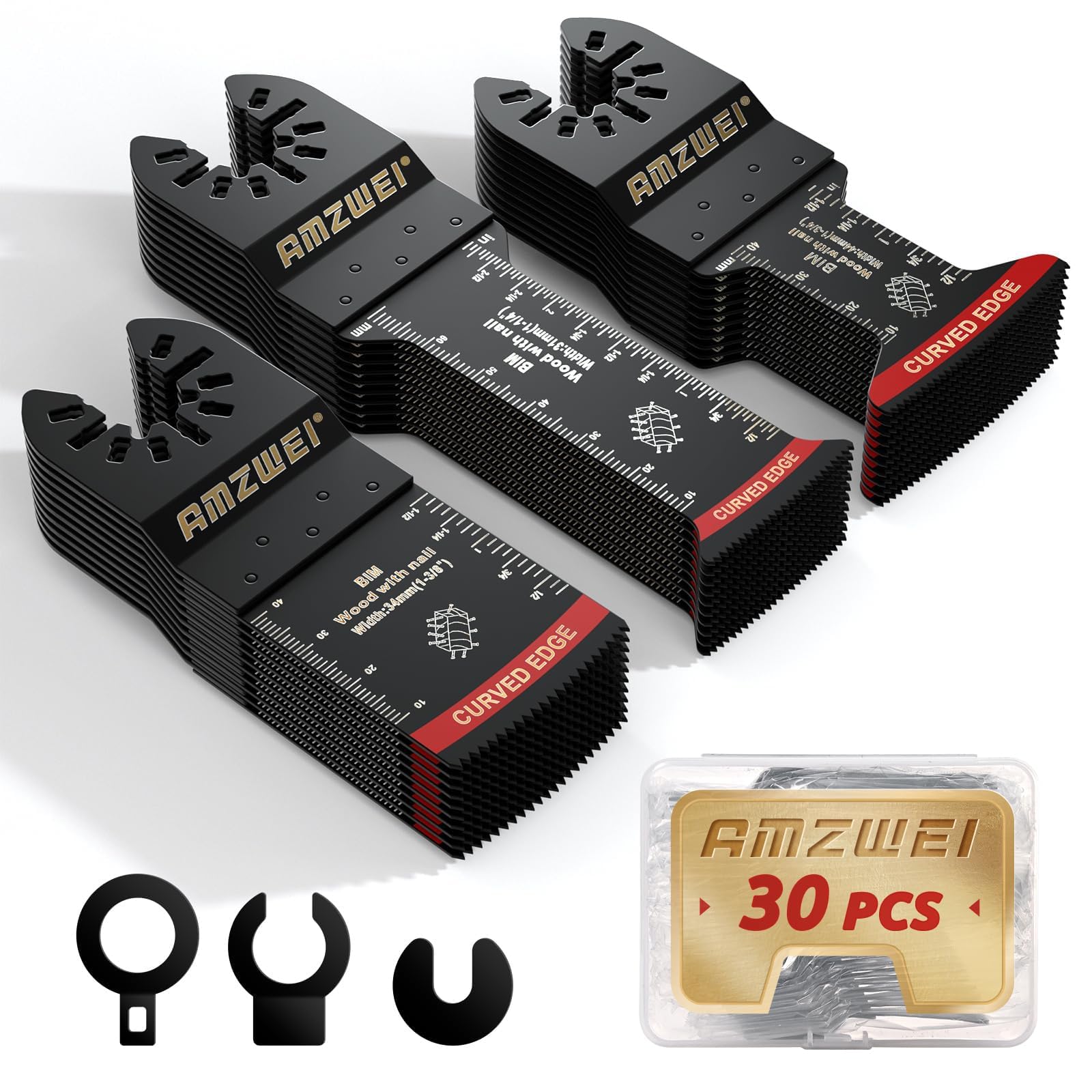 AMZWEI 30 Pcs Bi-Metal Oscillating Saw Blades, Professional Curved Edge Multitool Blades for Wood with Nails, Metal, Wood, Oscillating Tool Blades Compatible with Dewalt Milwaukee Bosch Ryobi