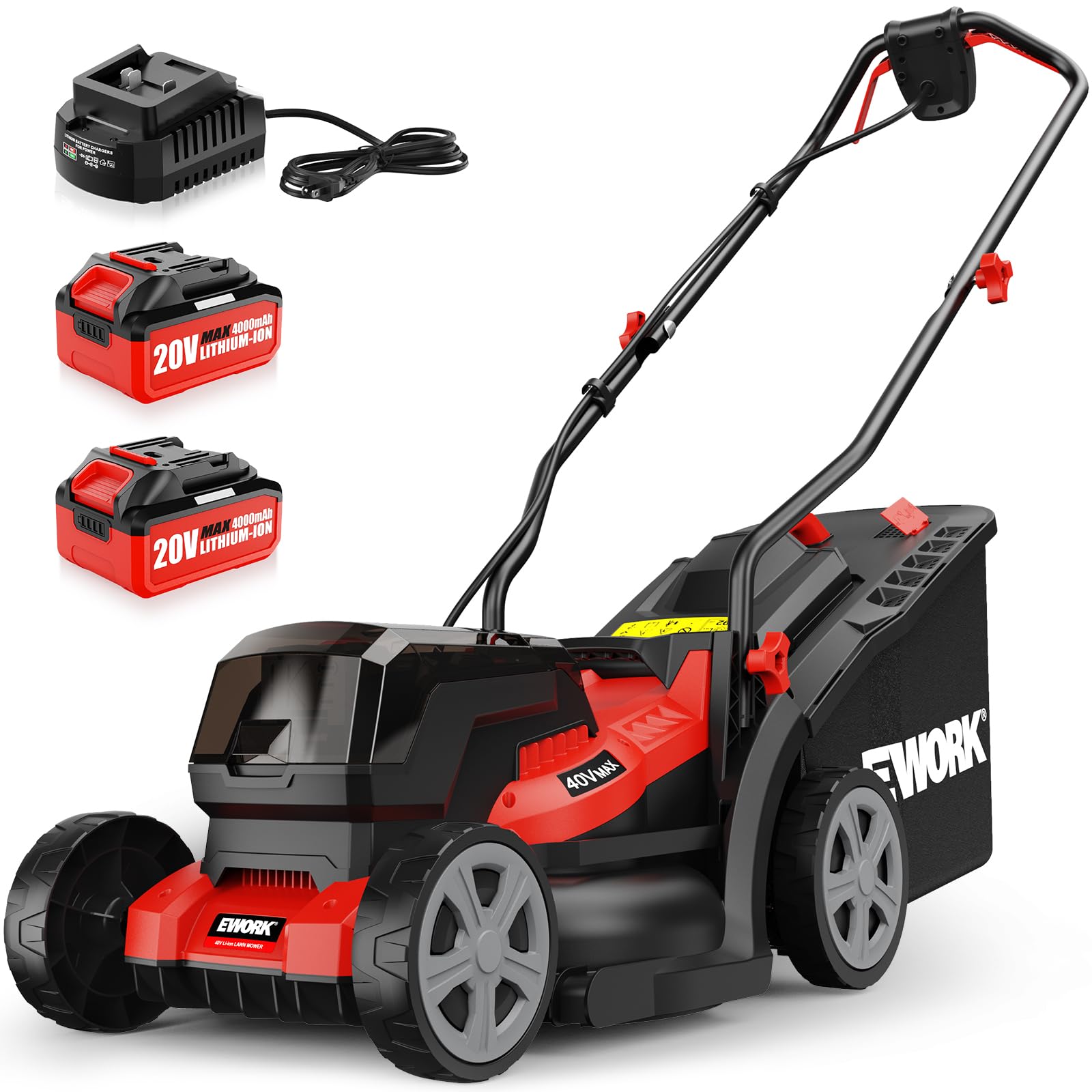 EWORK 40V Electric Lawn Mower Cordless, 14" Electric Push Mower with 2x4.0Ah Batteries & Charger, 3800RPM Motor, 6-Height Adjustment, 21Lbs Lightweight Battery Powered Lawnmower for Garden, Small Yard