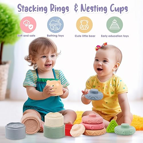 Miniatura 3 de Juguetes para bebés de 6 a 12 meses, juguetes Montessori 6 en 1 para niños de 1 año, juguete de dentición con cuerda de tirar, tazas y anillos