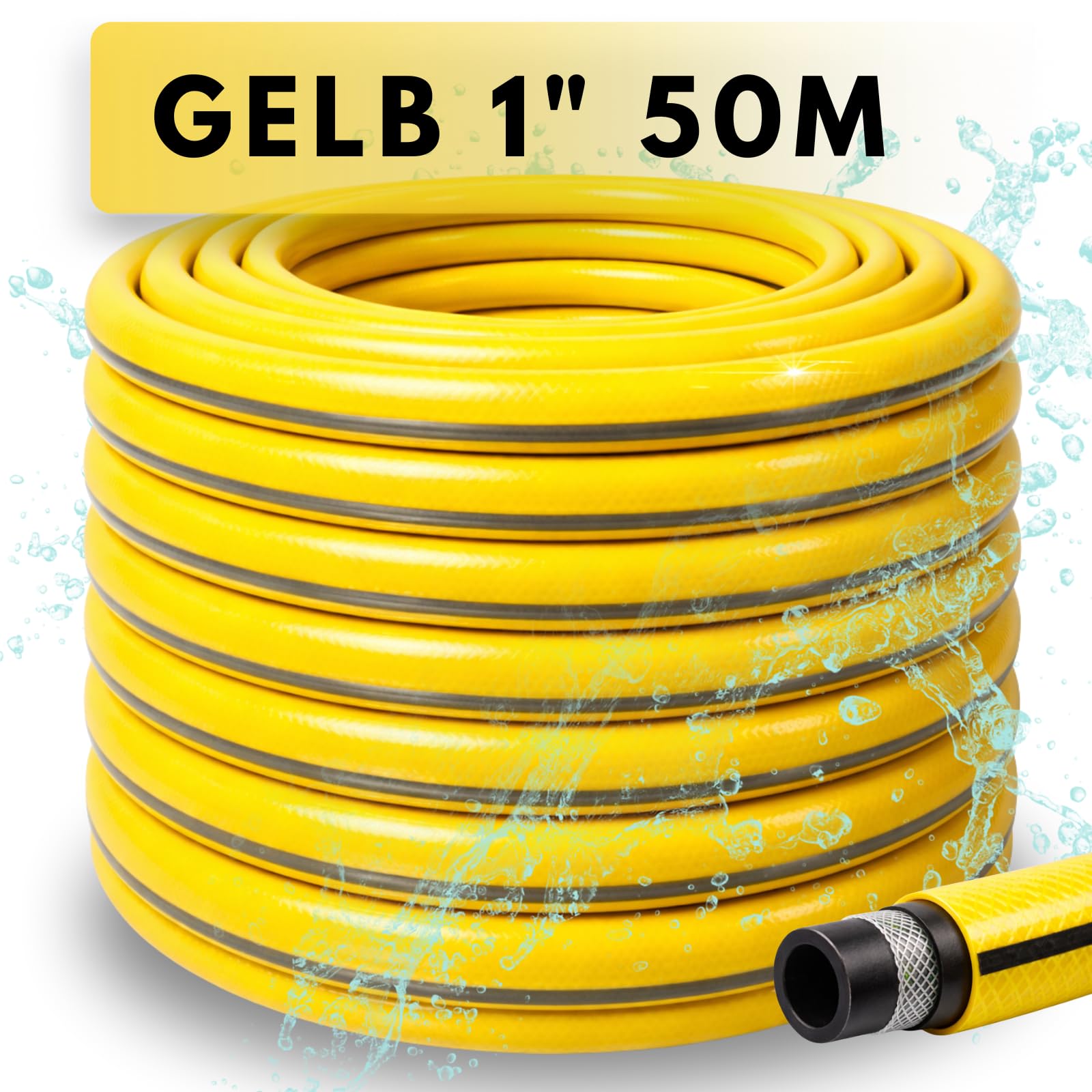 Wasserschlauch 1/2 3/4 1 Zoll – 20m 30m 50m Länge – Gartenschlauch 4-lagig UV-beständig druckfest knickstabil (Gelb, 1 50m ohne Adpater)