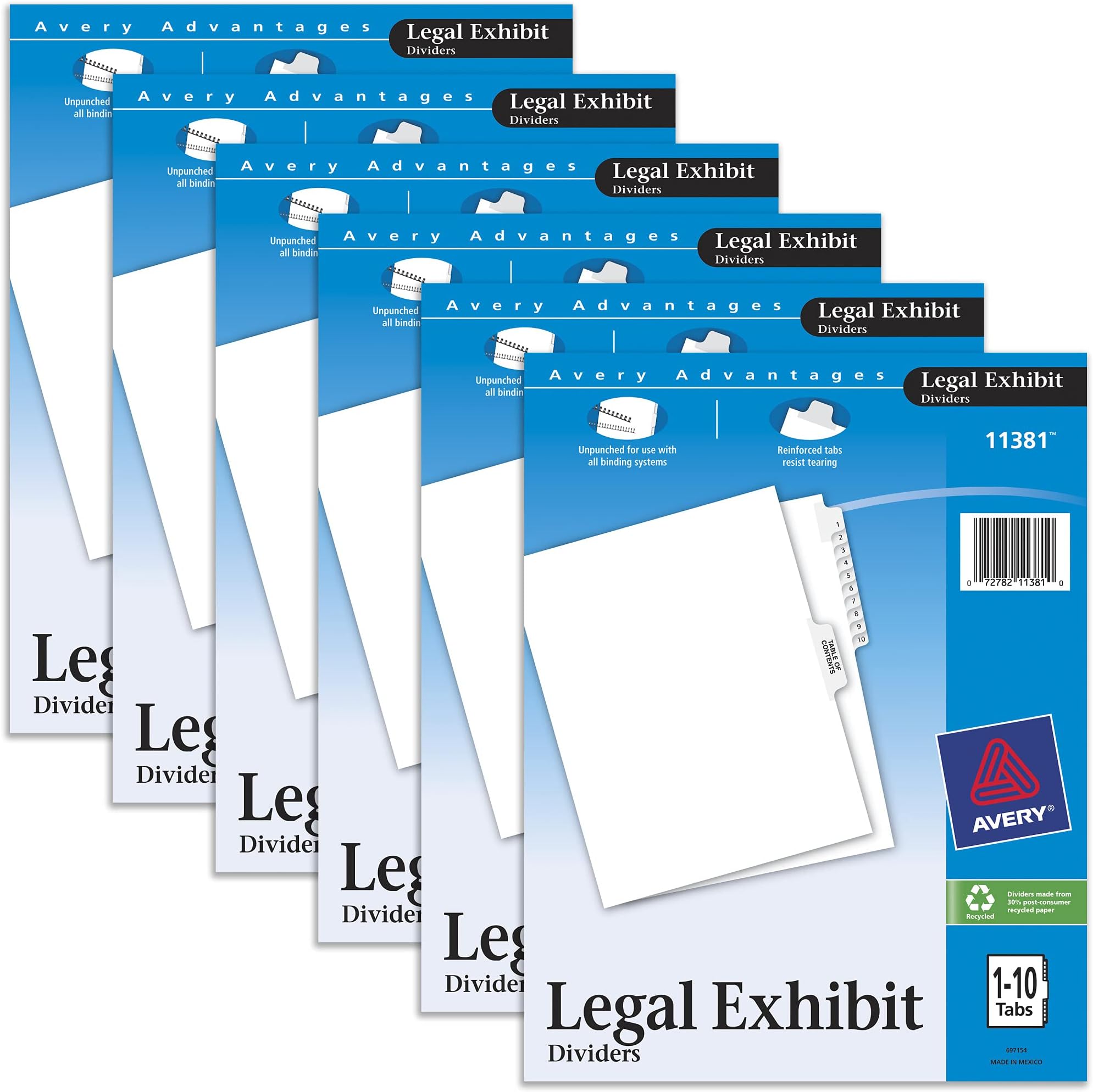 Avery Legal Exhibit Binder Dividers, Preprinted 1-10 and Table of Contents Side Tabs, Unpunched Letter Size, 1 Set Collated, 6 Sets per Pack (11381)