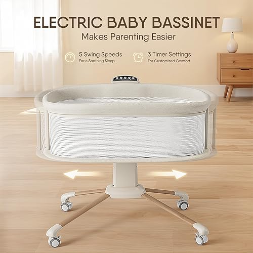Miniatura 2 de Moisés eléctrico inteligente calmante para bebé con 5 velocidades de balanceo, 3 modos de temporizador, 12 músicas relajantes, 3 alturas ajustables,
