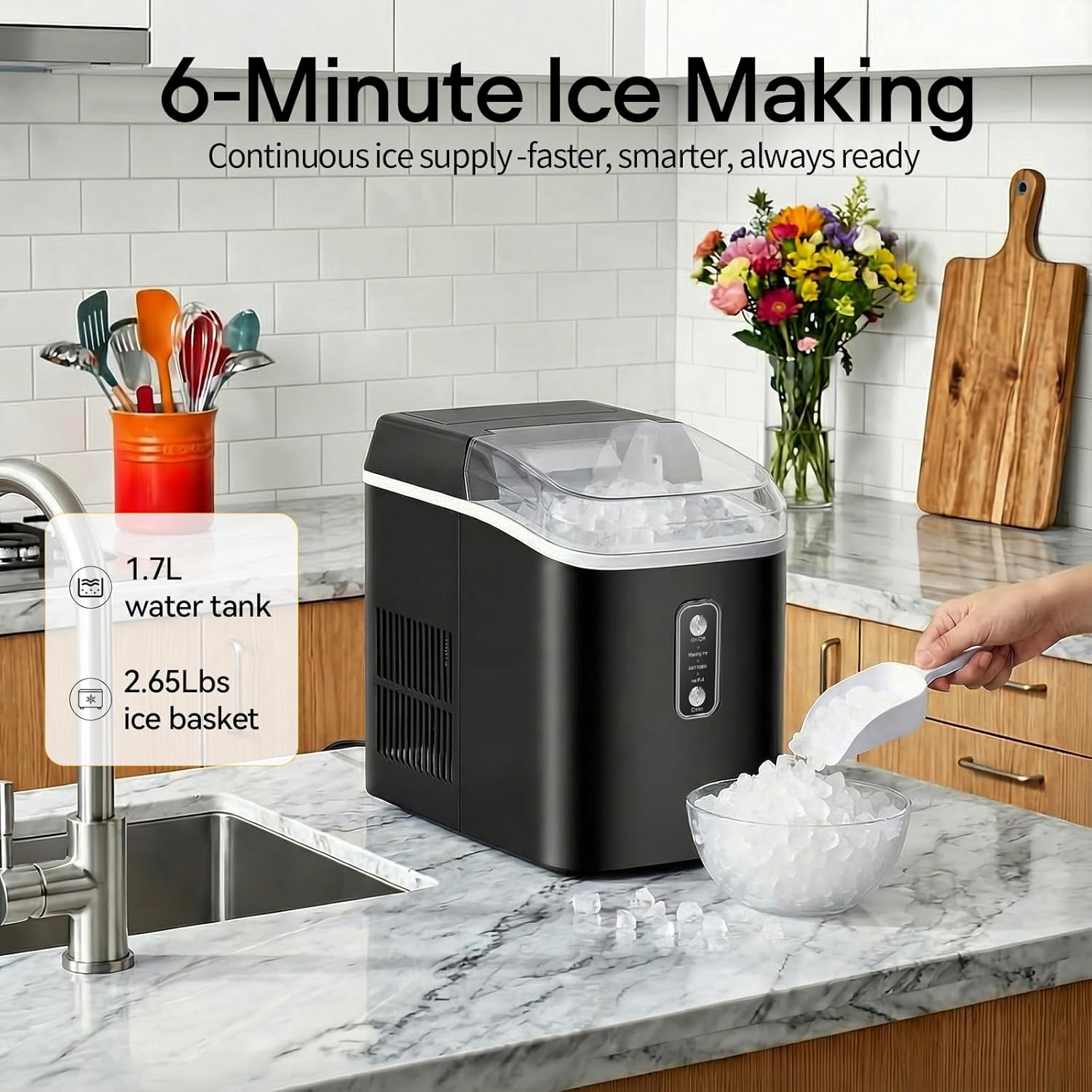 NEWBULIG Nugget Ice Makers Countertop, Portable Nugget Ice Machine, Ready in 6 Mins, 24lbs in 24Hrs, Auto-Cleaning, with Basket and Scoop, for Home, Kitchen, RV, Camping, Black