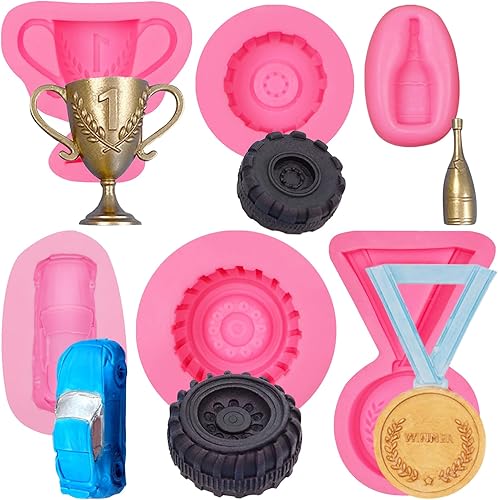 Moldes de silicona para autos de carreras, 5 unidades, molde redondo 3D para fondant, forma de rueda de camión, molde de silicona de chocolate para