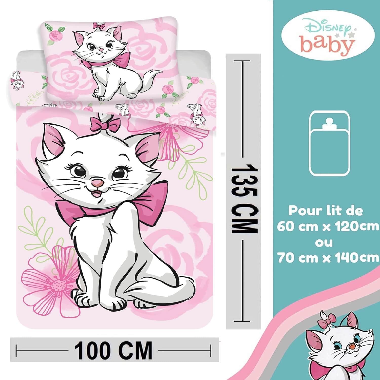 Disney Housse de Couette Bebe 100x135cm et taie d'oreiller 40x60cm | Parure de lit Bebe pour lit 60x120 ou 70x140cm | Linge de lit Marie Aristochats pour Tout-Petits