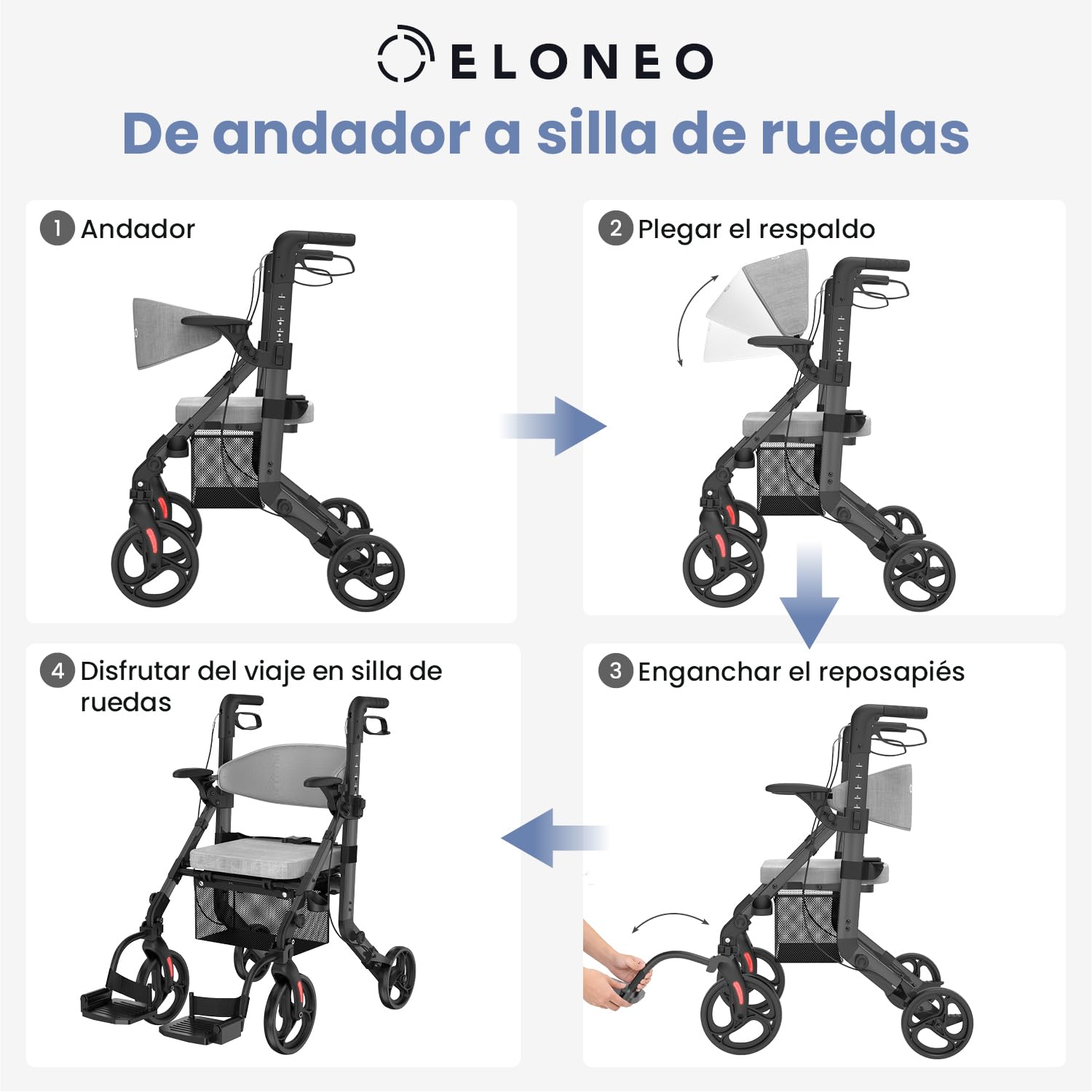 ELONEO Silla de Ruedas y Andador 2 en 1 plegable y ligero con asiento, Andador todoterreno convertible en silla de ruedas, Ayuda de movilidad de aluminio, Silla de transporte, negro