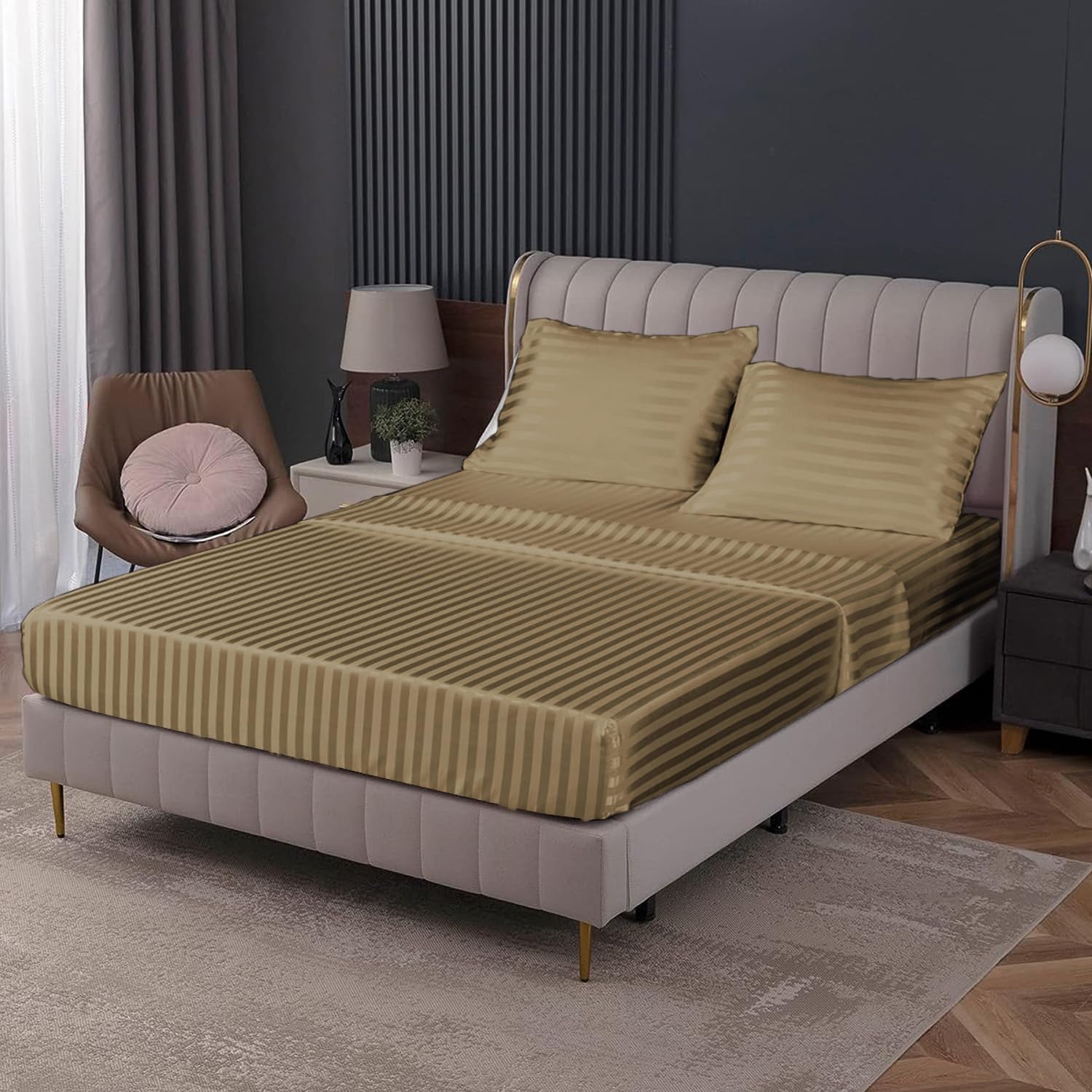Cloth Fusion Elastic Fitted Glace Cotton Satin Striped Bedsheet Queen Size with 2 Pillow Covers (78X60 Inches, Beige) (B0CFHWFQ5Z) Amazon Price History, Amazon Price Tracker