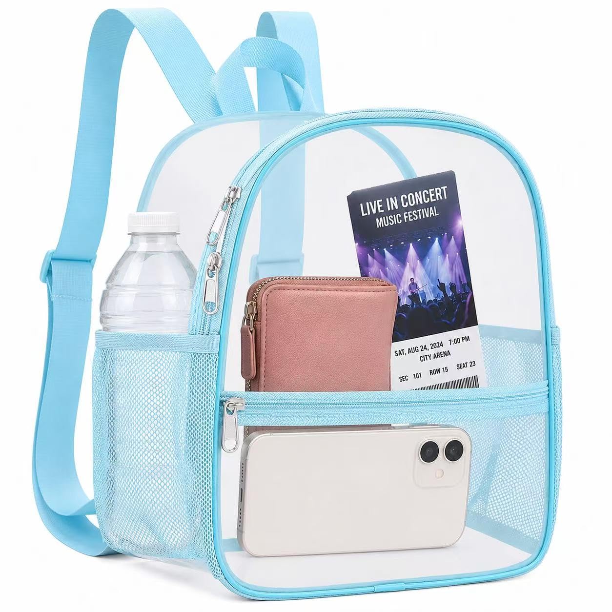 Oraben Clear Backpack for Stadium Events Sports Fan Backpack Stadium Bag | 12x6x11 in,Heavy Duty PVC Mini Small Clear Bag for Concerts, Sports,Work,Side Water Bottle Pocket