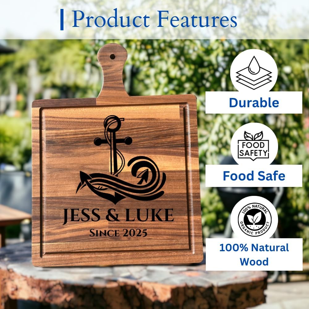 Engraved nautical cutting board anchor - Boating gifts for couple - Personalized boat themed gifts for sailor