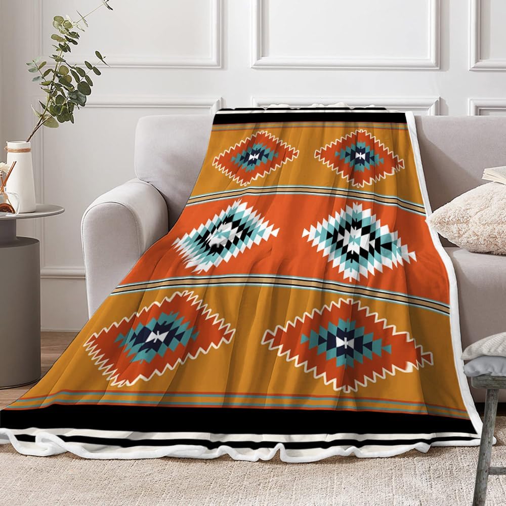Boho Aztec Throw Blanket, Southwest Native American Navajo Tribal Blankets, Western Flannel Soft Throws Cover for Couch Chair Sofa Bed Home Outdoor Beach Travel 60X70IN