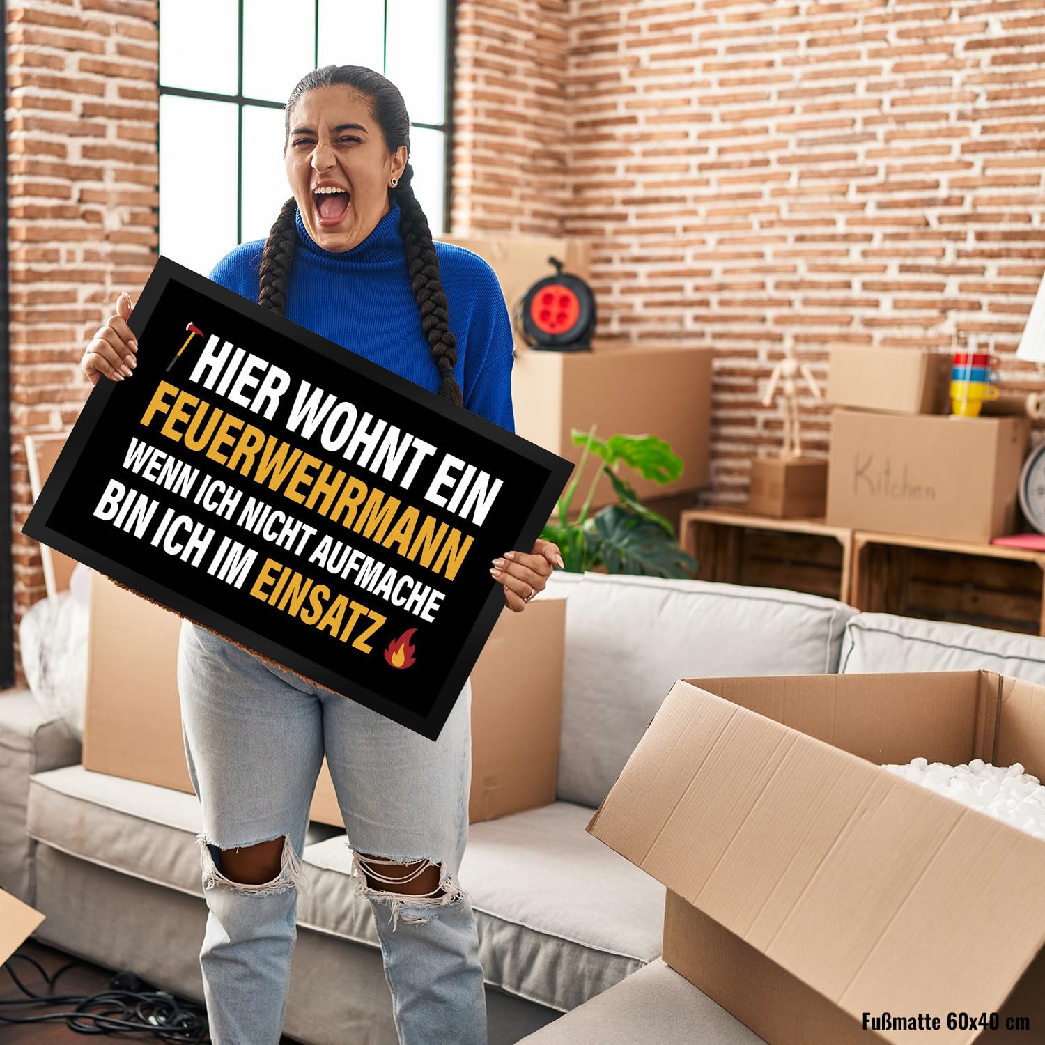 Hier wohnt EIN Feuerwehrmann wenn ich Nicht aufmache Bin ich im Einsatz Fußmatte XXL mit Brand Motiv