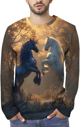 GLUDEAR Mens Horse Graphic Art Print T-Shirt Plus Size Long Sleeves Crewneck Pullover Tee Shirts