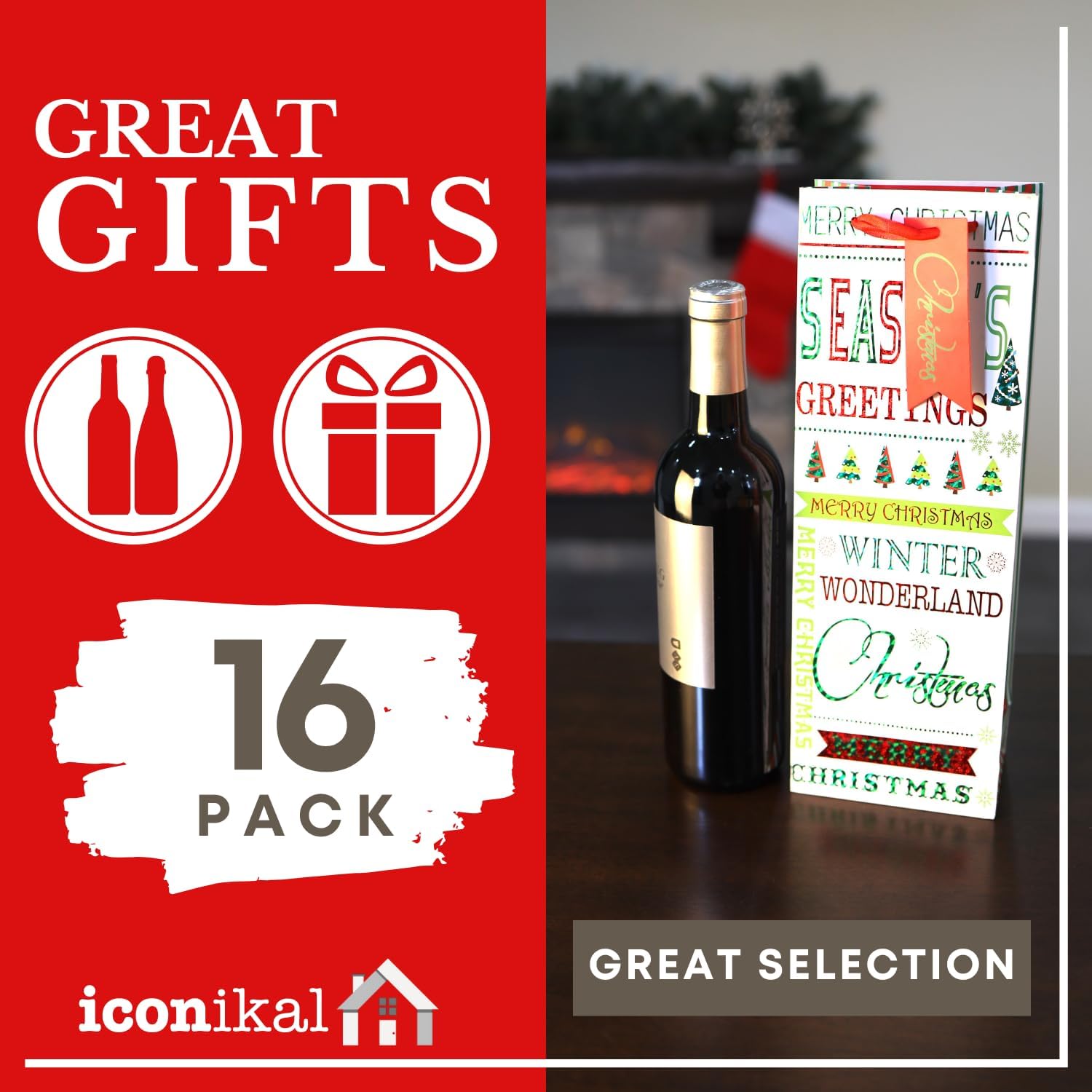 Iconikal 16-Pack Heavy-Duty Christmas Wine Bottle Gift Bags, Thick Paper with Ribbon Handles, Assorted Holiday Designs, Perfect for Festive Wine Gifting, Xmas Parties, and Bulk Holiday Wrapping - Image 3