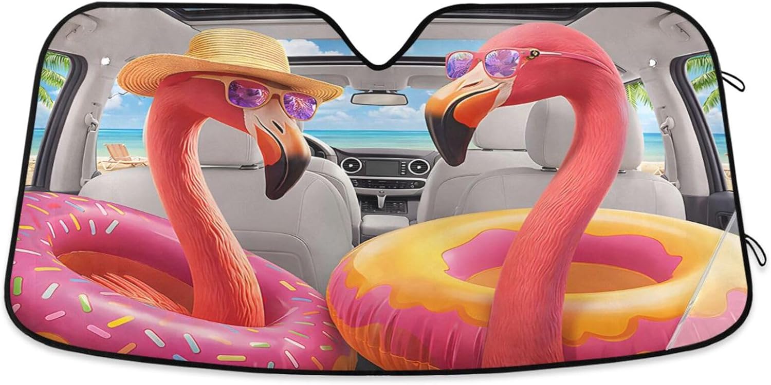 Windshield Sun Shade for Car, Two Flamingos Front Window Sunshades with Suction Cups, Aluminum Foil UV Block Car Sun Visor Protector Keeps Vehicle Cool