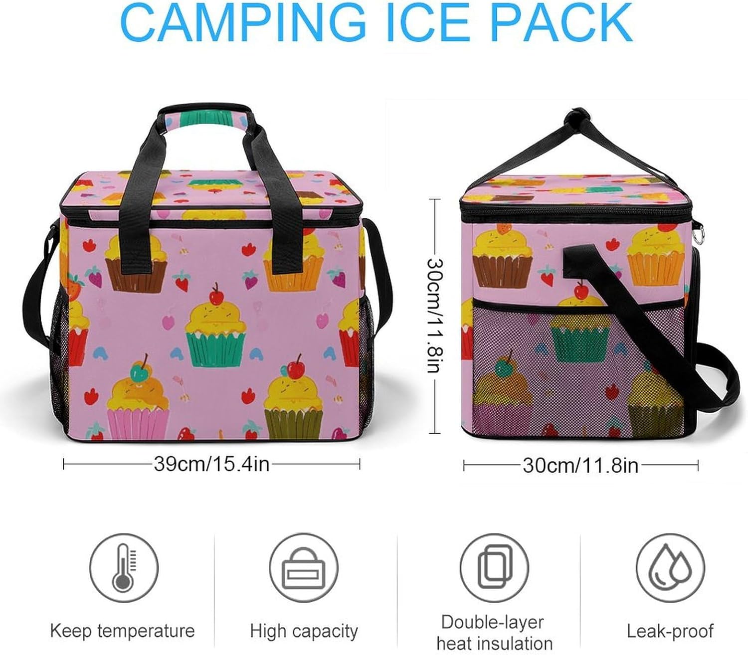 Insulated Picnic Backpack Tote Bag, Large Capacity 30L Cupcake Patterns Cooler Bag Leakproof Beach Bags Portable Lunch Box Waterproof Picnic Basket for Beach Camping BBQ