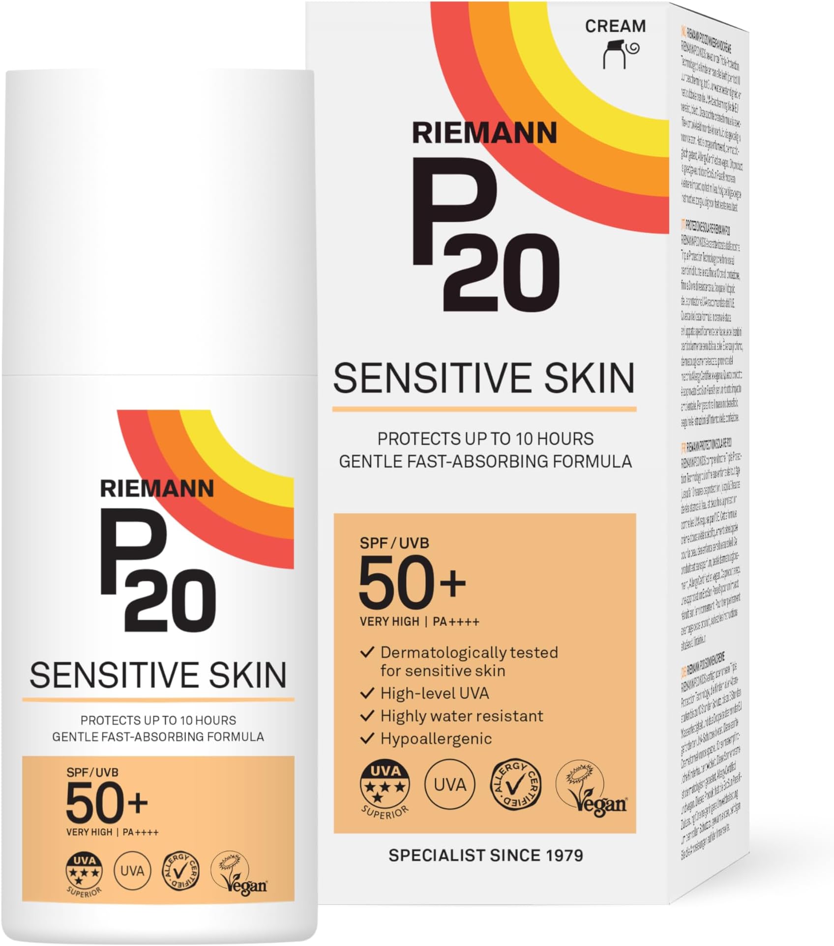 RIEMANN P20 SPF50 Sensitive Sun Cream 200ml, High Level UVA Protection for up to 10 Hours, Allergy Certification, Water Resistant, Durable & Long Lasting, Sweat Resistant