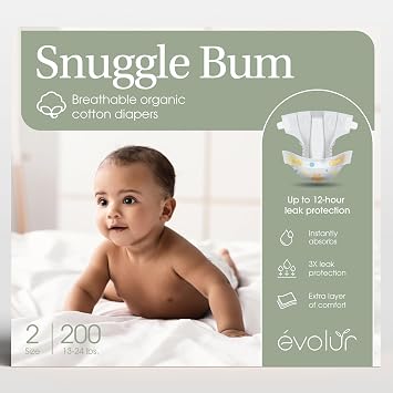 Evolur Snuggle Bum Baby Diapers Size 2, Newborn, PFAS-Free, 200 Count