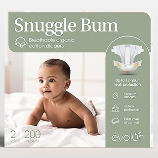 Evolur Snuggle Bum Baby Diapers - Size 2, 200 Count, for Newborns (13 lbs - 24 lbs), Ulta Absorbent Diapers Newborn Baby