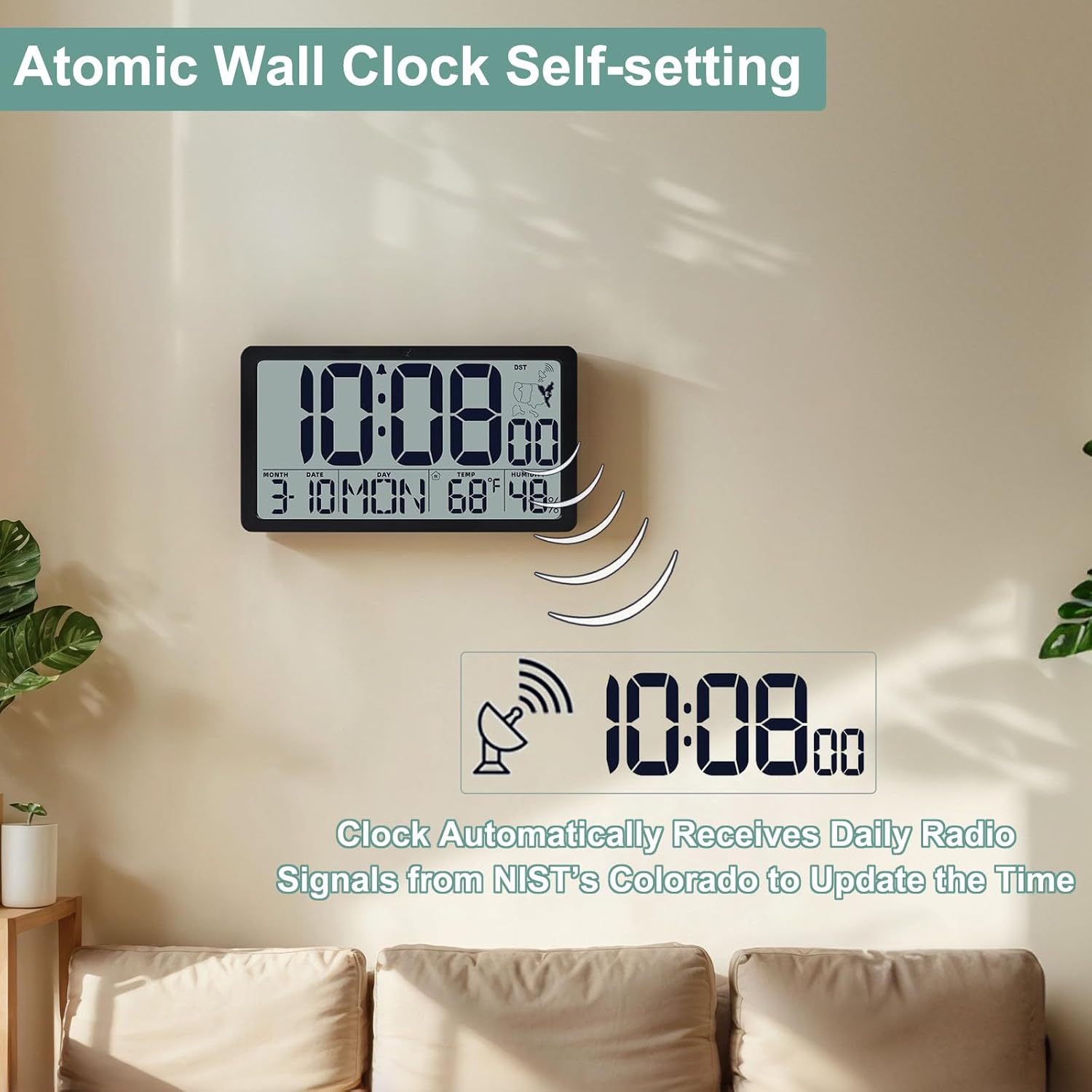 Atomic Wall Clock Battery Operated,10.5 inch Digtial Desk Clock with Temperature and Humidity,Self-Setting Alarm Clocks with 57 Ringtones,Auto DST, Large LCD Display for Seniors Batteries Included