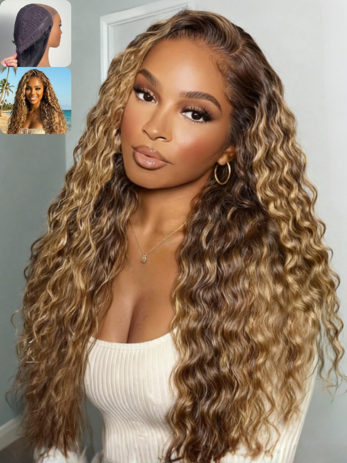 Nadula No Slip 13x4 Caramel Brown with Honey Blonde Highlight Water Wave Drawstring Wig Human Hair
