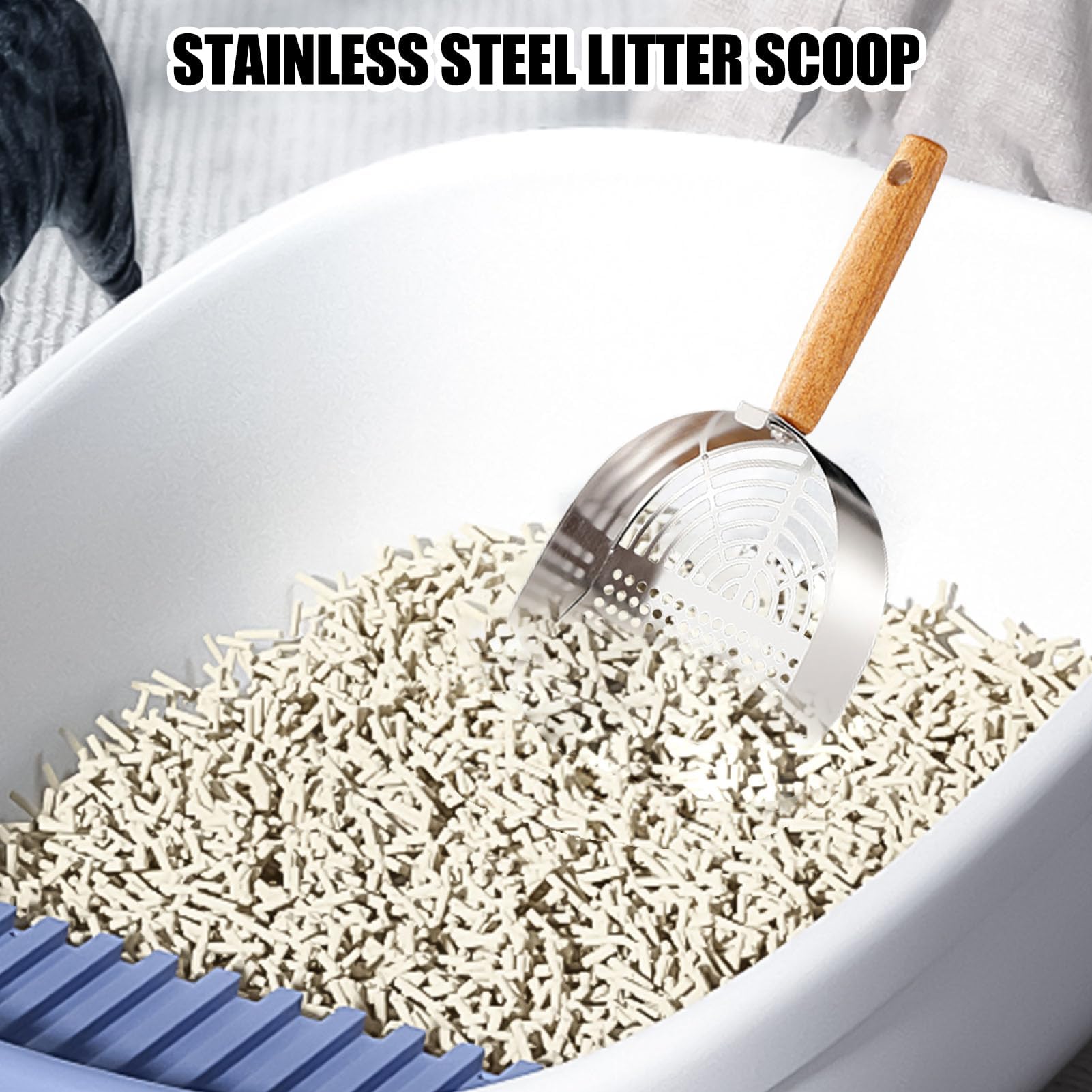Paletta per lettiera, Accessorio ergonomico for Animali Domestici in Acciaio Inossidabile con Manico Lungo for casa, Viaggi e Interni(Stainless Steel Round Hole Style)