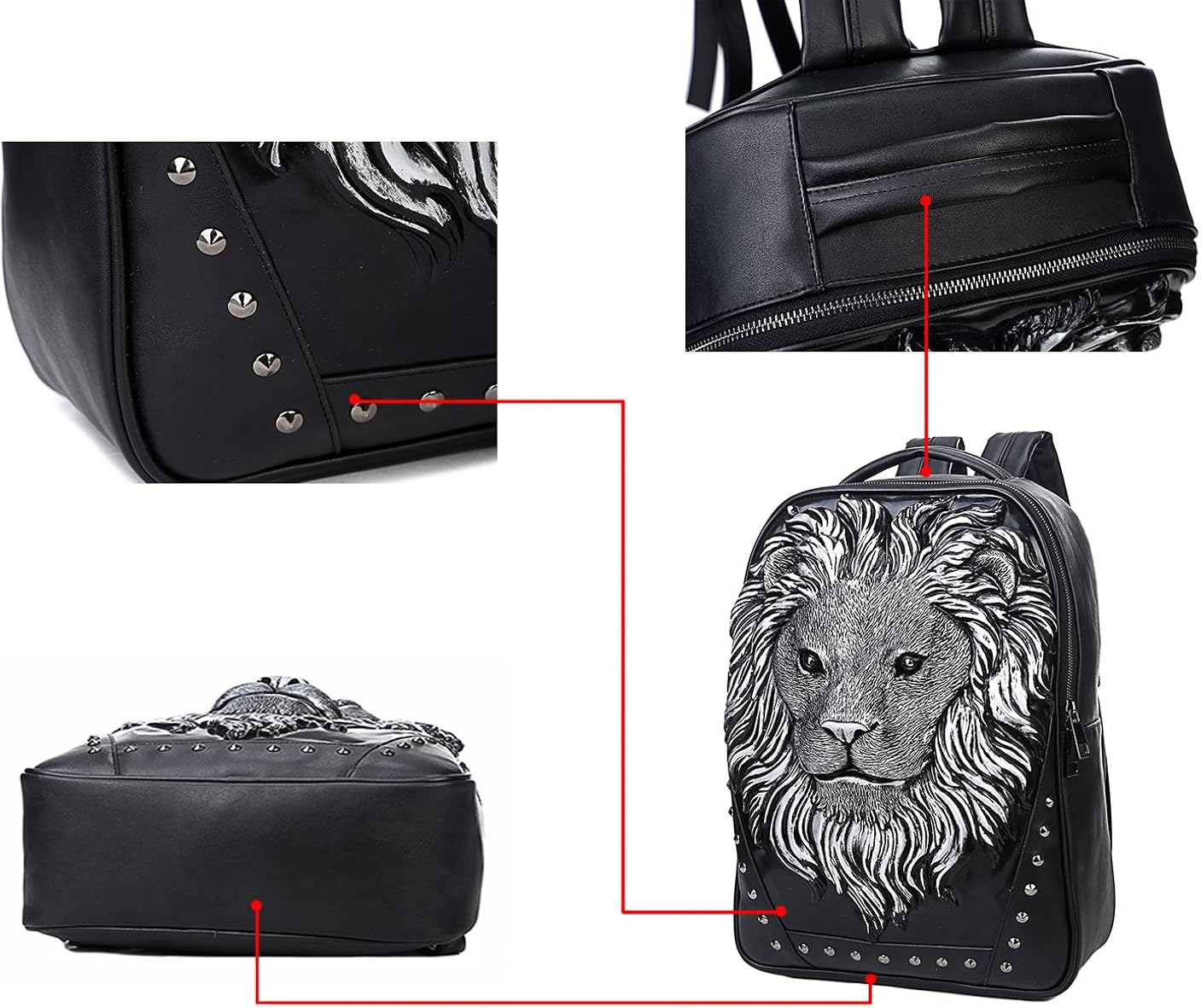 One-Day Sale: Up to 70% Off 3D Animal Head Backpack, Studded PU Leather Cool Laptop Backpack College Bookbag (Lion-Black)