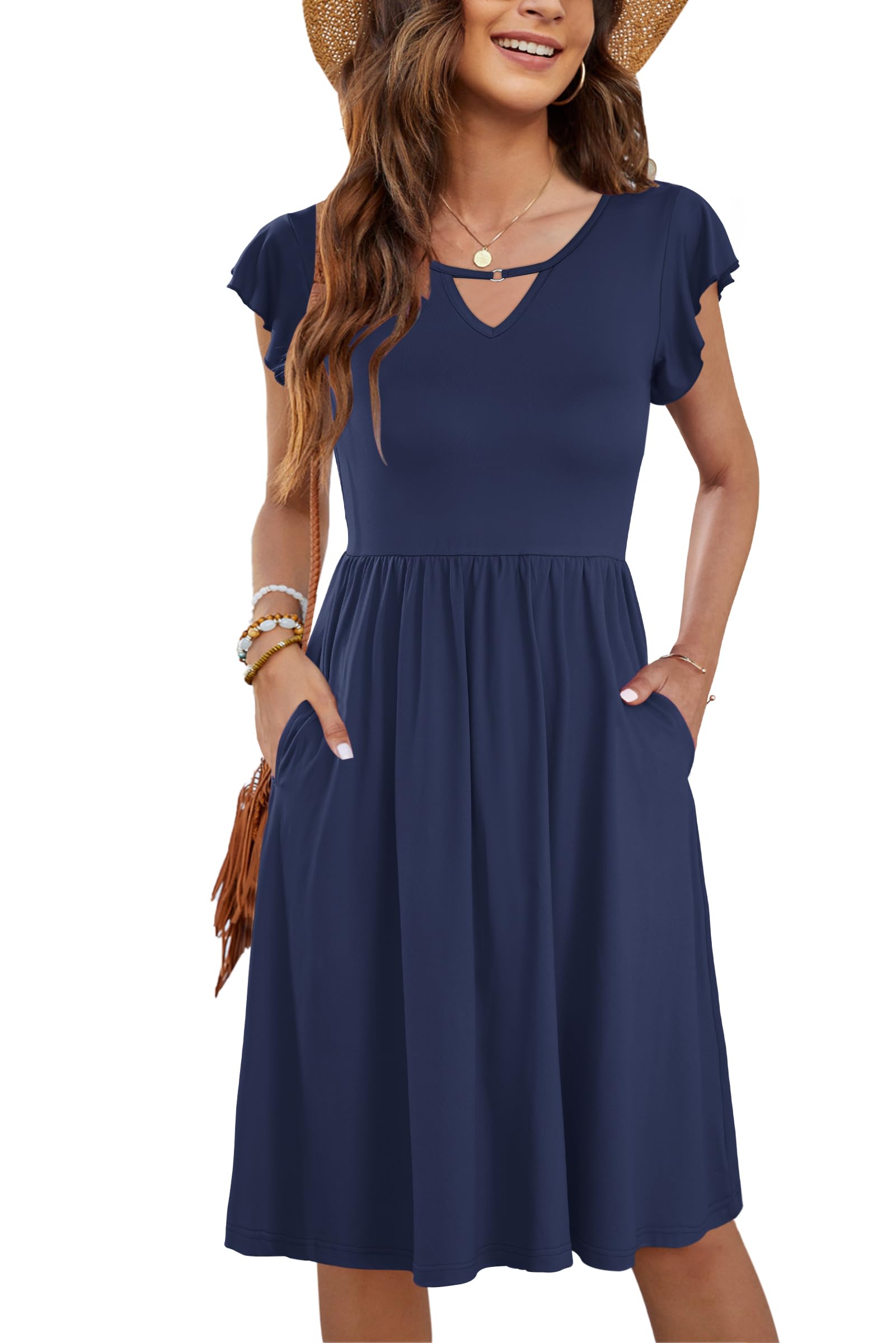 PLOKNRD Damen Sommerkleid Kurzarm V-Ausschnitt Blumenkleid Rüschen Ärmel Freizeitkleid Knielang mit Taschen