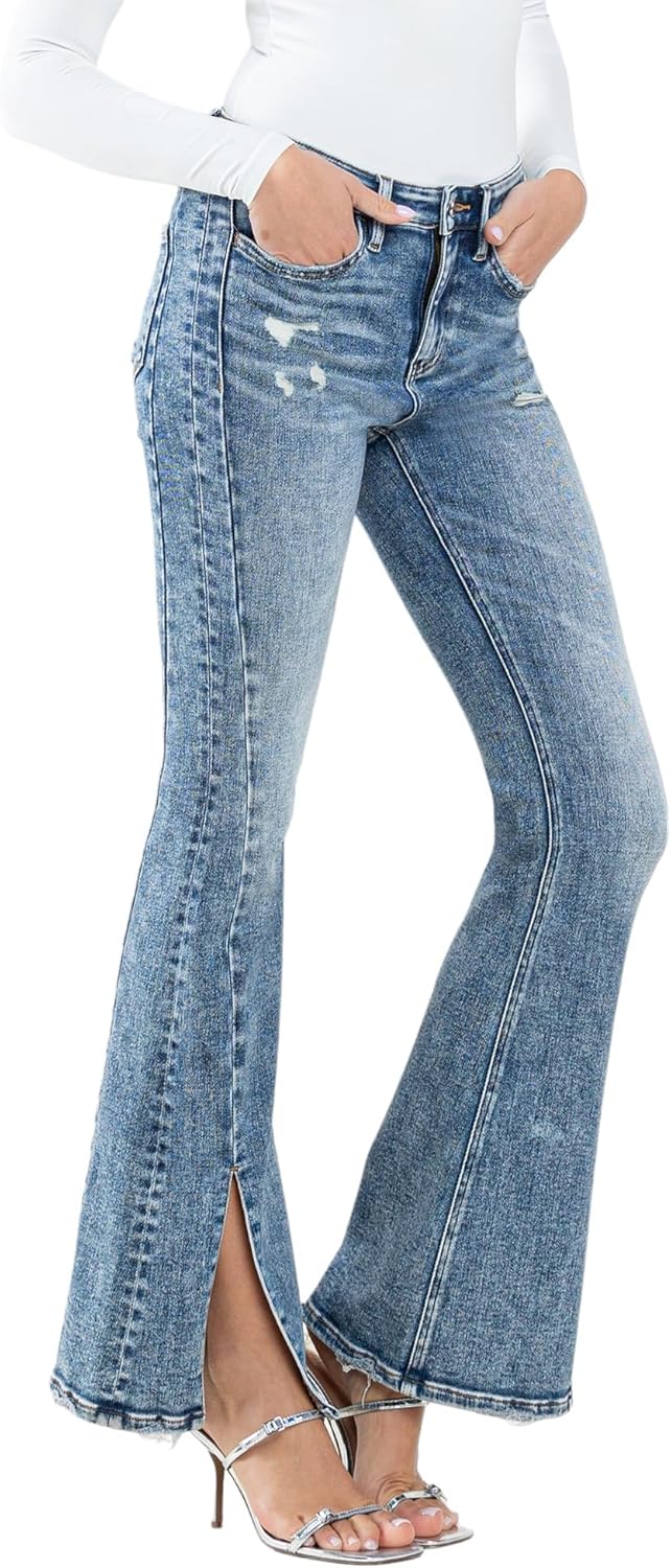 Flying Monkey High Rise Split Hem Flare Jeans Medium Blue F5171-27