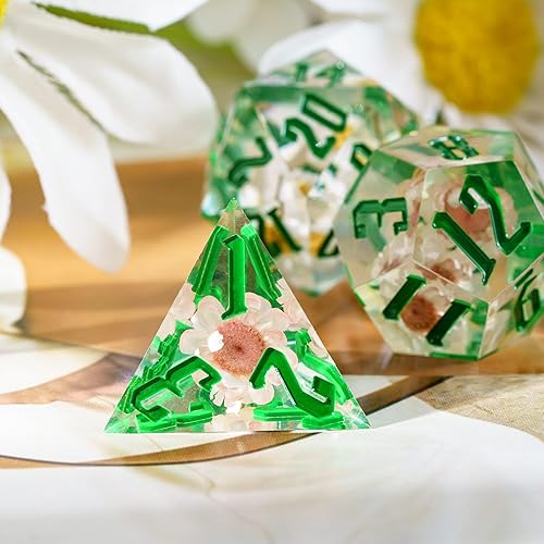 Miniatura 5 de Cusdie Juego de dados DND de 7 troqueles con bordes afilados, juego de dados de flores para crisantemo D y D, juego de dados poliédricos hechos a